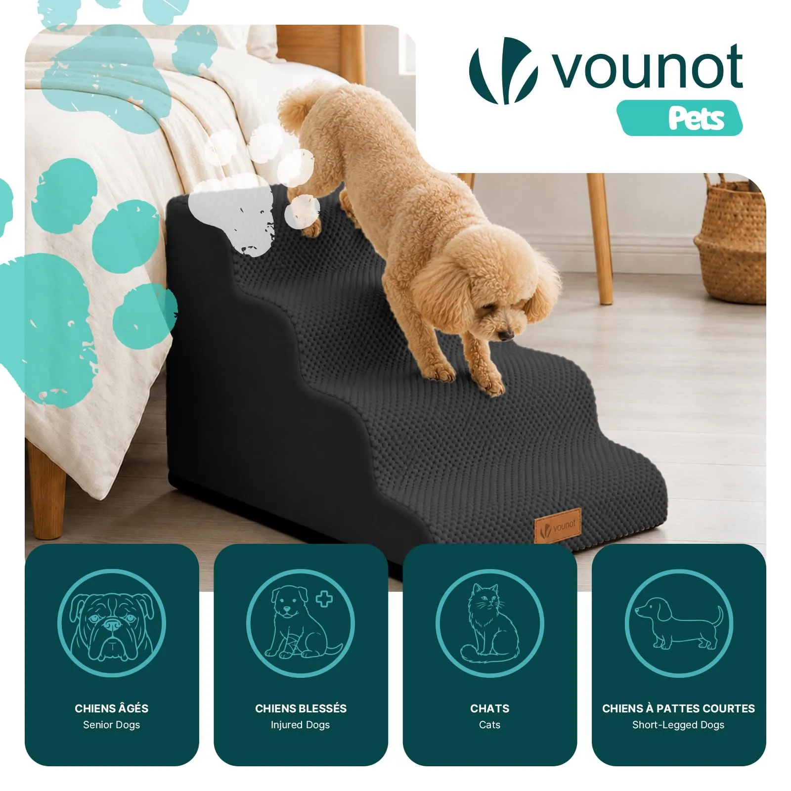 VOUNOT® Scaletta per Cani a 4 Gradini, Scala per Animali Antiscivolo in Schiuma ad Alta Densità con Maniglia, Sfoderabile e Lavabile, Accesso a Divano e Letto per Cani Piccoli o Anziani, Nero - immagine 2
