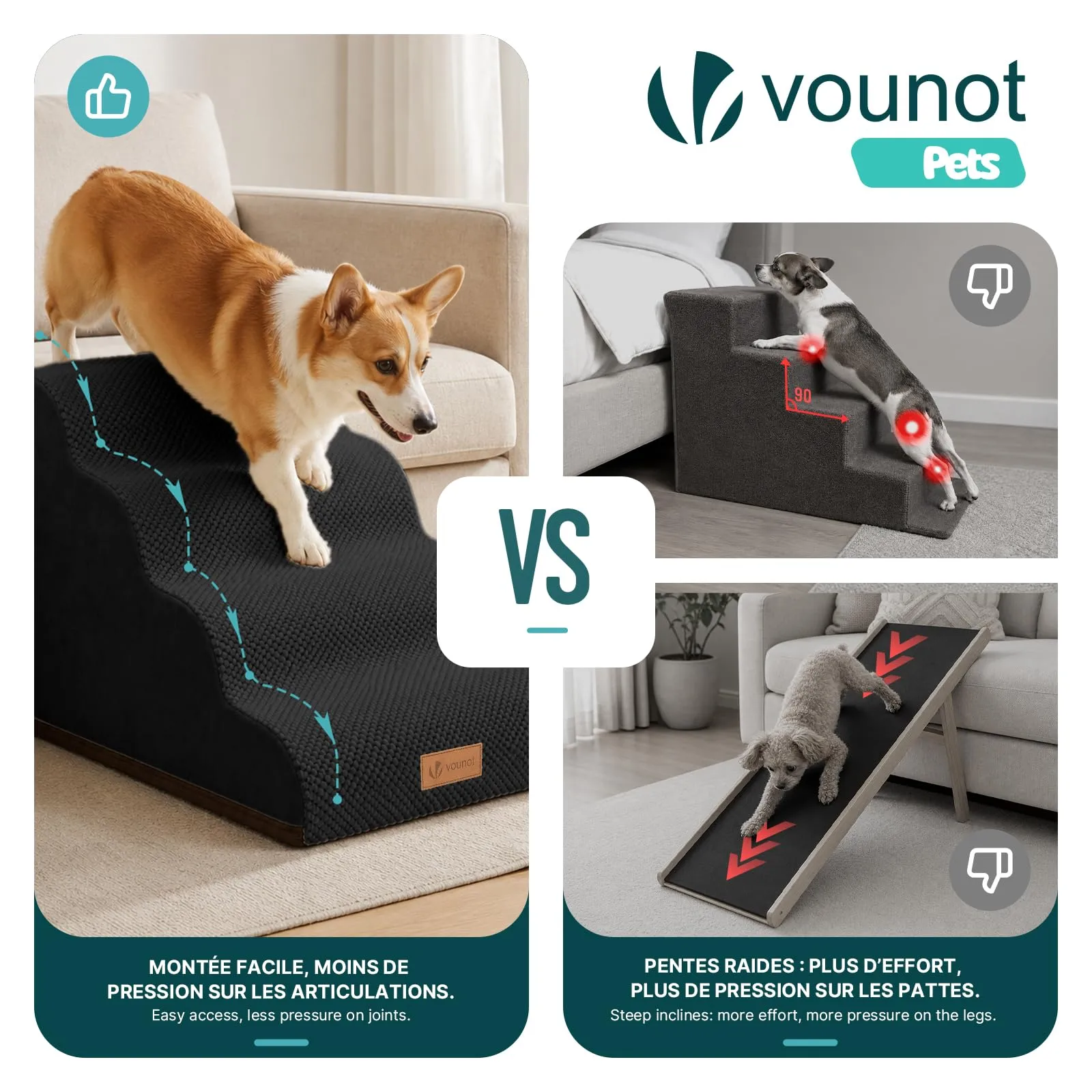 VOUNOT® Scaletta per Cani a 4 Gradini, Scala per Animali Antiscivolo in Schiuma ad Alta Densità con Maniglia, Sfoderabile e Lavabile, Accesso a Divano e Letto per Cani Piccoli o Anziani, Nero - immagine 6