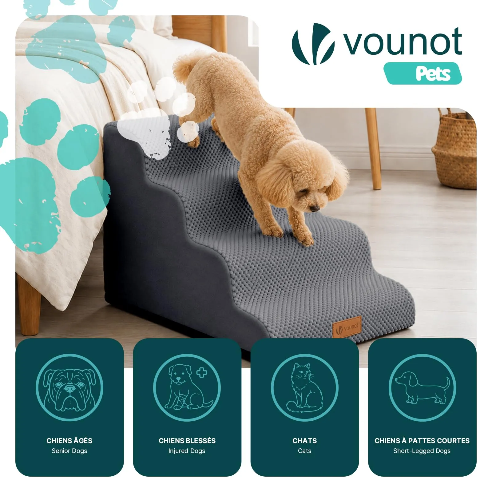 VOUNOT® Scaletta per Cani a 4 Gradini, Scala per Animali Antiscivolo in Schiuma ad Alta Densità con Maniglia, Sfoderabile e Lavabile, Accesso a Divano e Letto per Cani Piccoli o Anziani, Grigio - immagine 2
