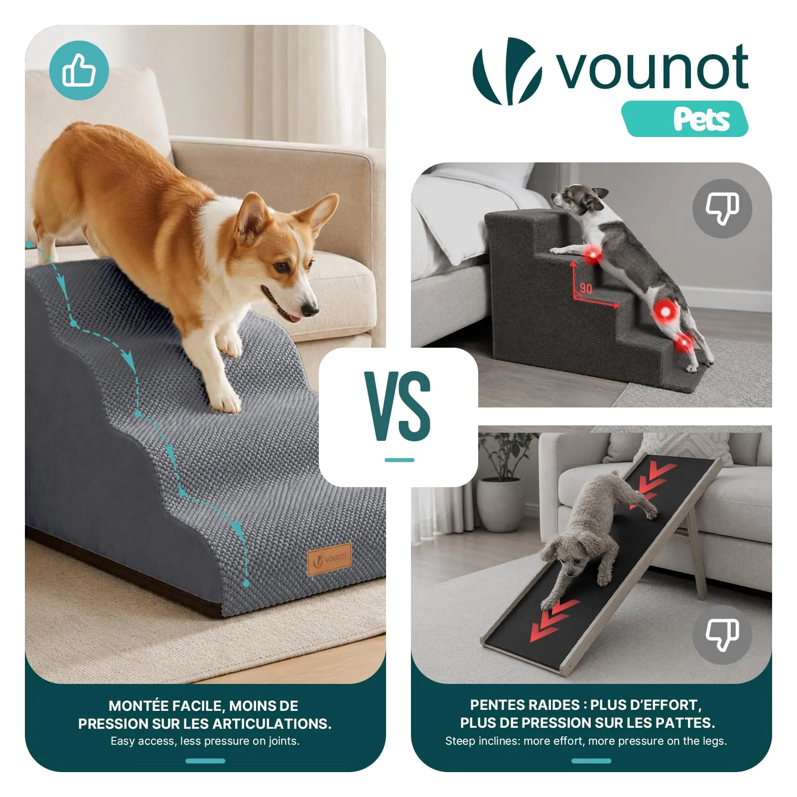 VOUNOT® Scaletta per Cani a 4 Gradini, Scala per Animali Antiscivolo in Schiuma ad Alta Densità con Maniglia, Sfoderabile e Lavabile, Accesso a Divano e Letto per Cani Piccoli o Anziani, Grigio - immagine 6