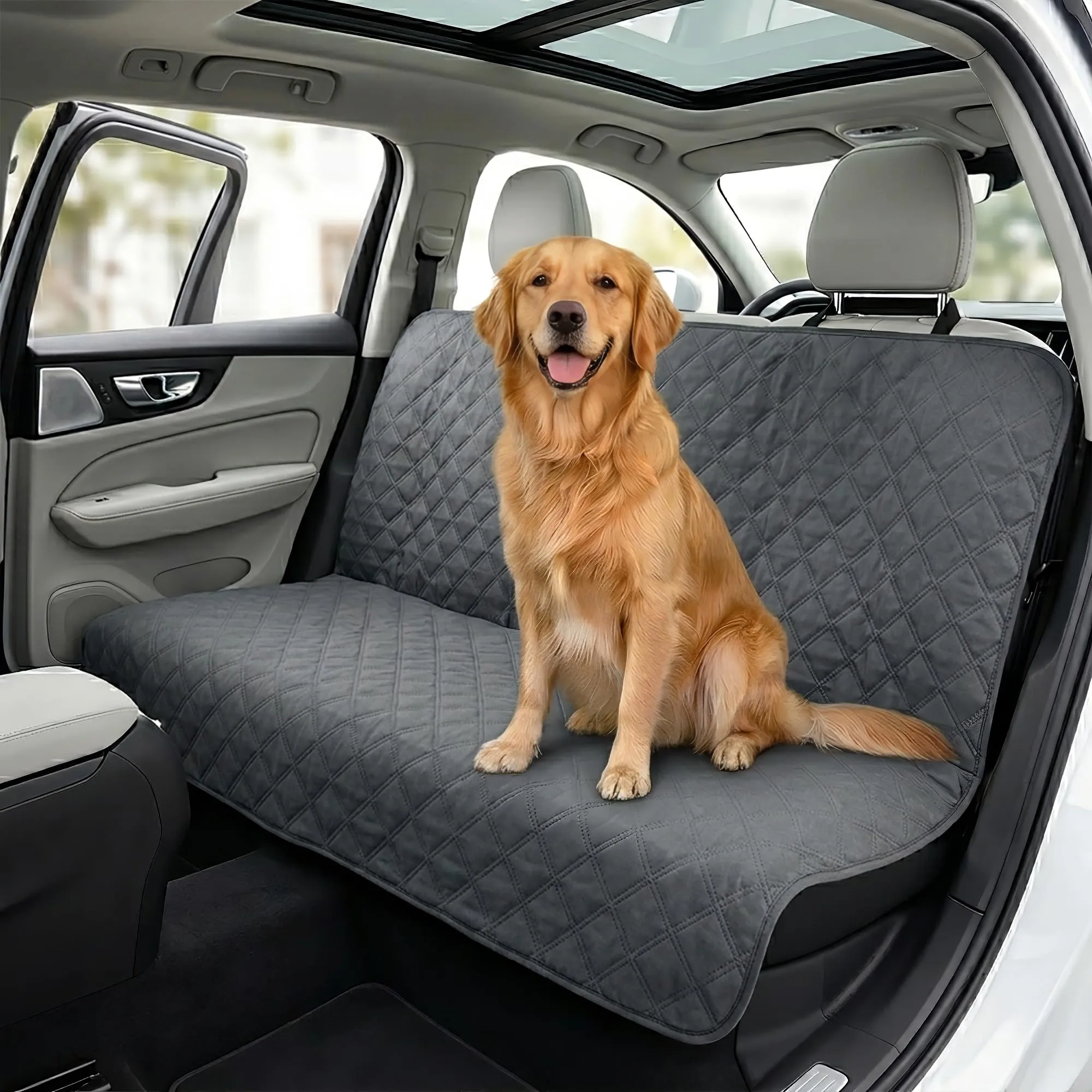 Copri Sedile Auto per Cani Impermeabile e Antigraffio 147x127 cm, Protezione Sedili Posteriori e Bagagliaio Universale per SUV e Auto, Telo Coprisedile Trapuntato Multifunzionale Grigio - immagine 2