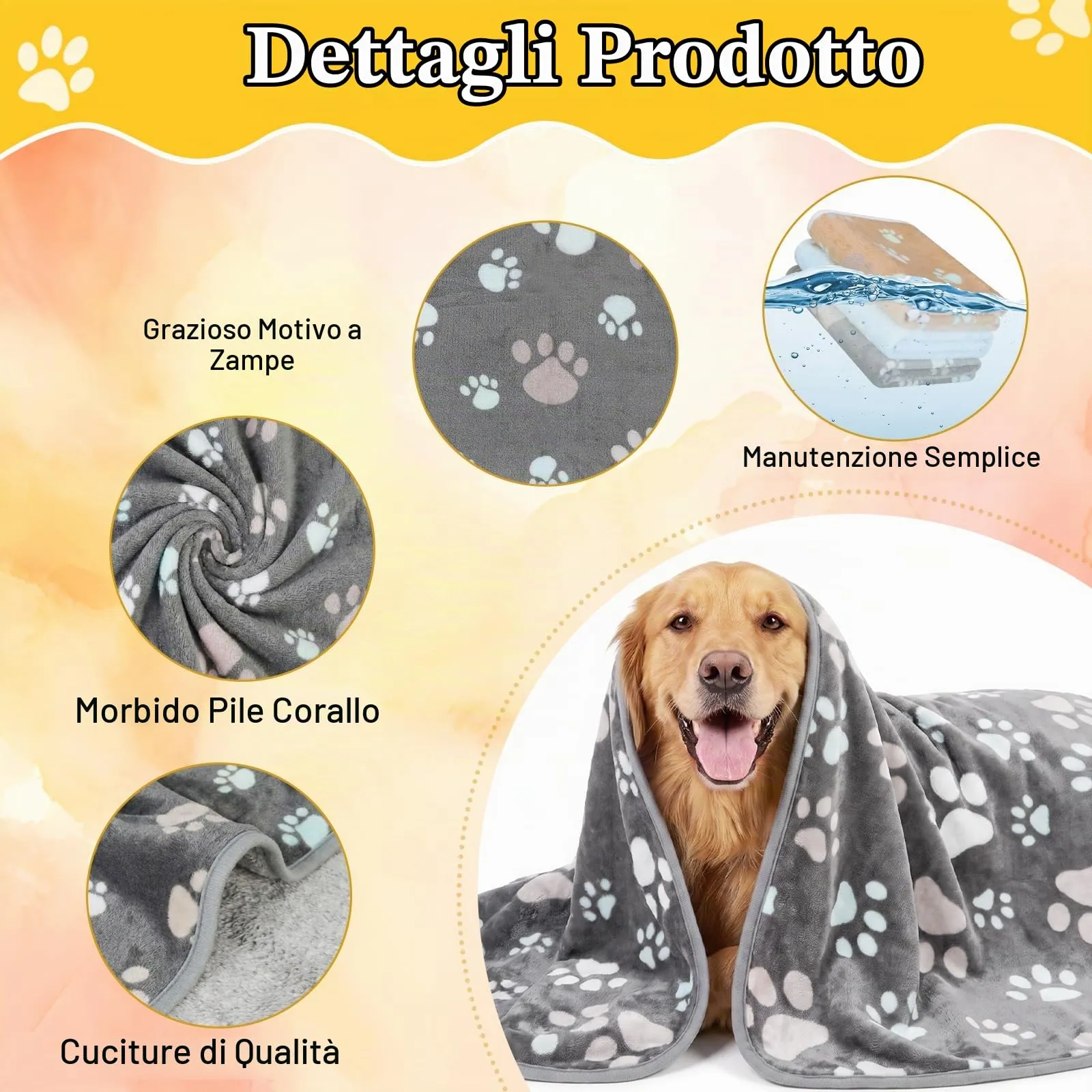 HOTUT 3 Pezzi Coperta per Cane Gatto Lavabile Soffice Durevole,52x76CM,Cammello,Azzurro Cielo,Grigio,Graziosa Coperta Cane con Impronte di Zampe in Soffice Pile per CaniGatti,Conigli - immagine 2