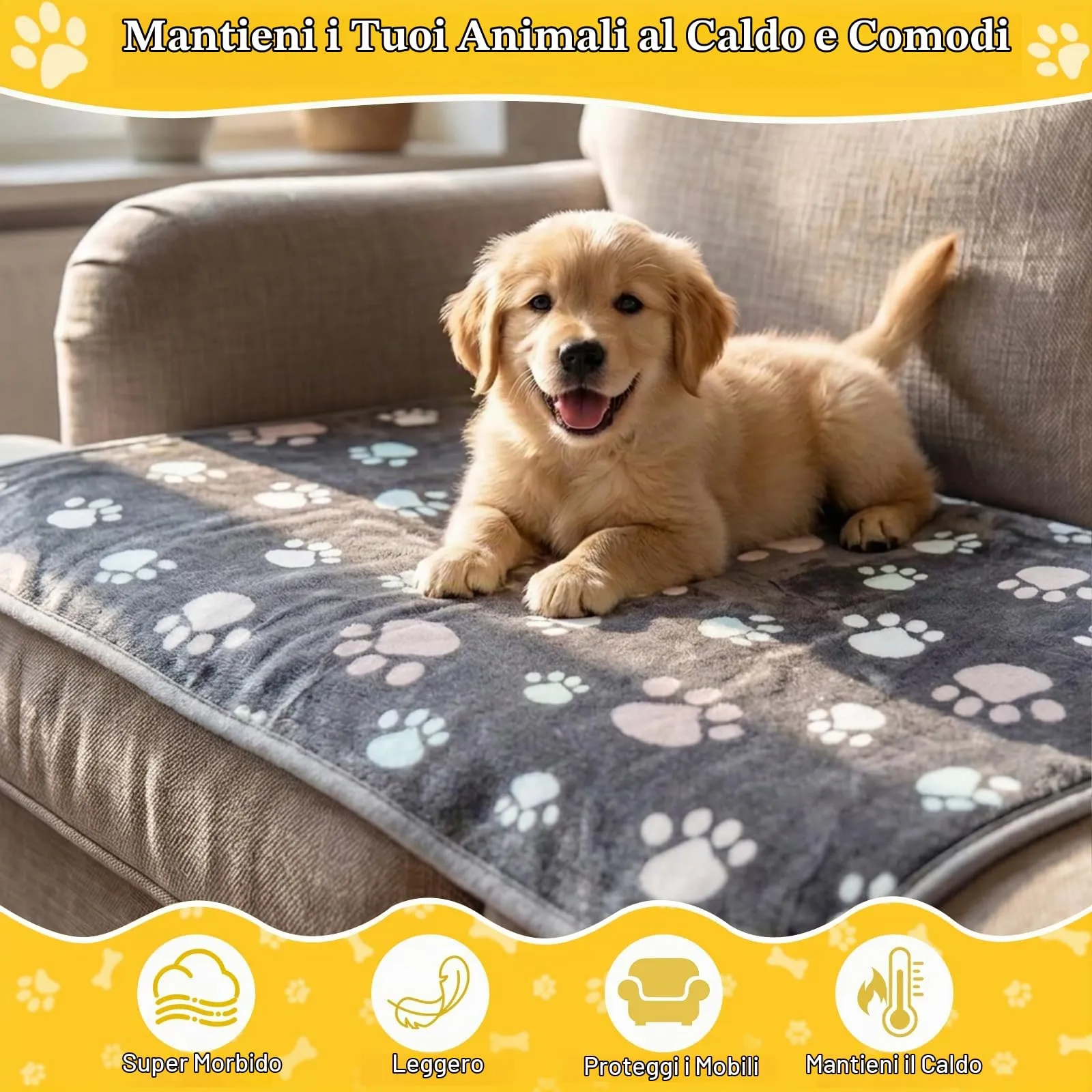 HOTUT 3 Pezzi Coperta per Cane Gatto Lavabile Soffice Durevole,52x76CM,Cammello,Azzurro Cielo,Grigio,Graziosa Coperta Cane con Impronte di Zampe in Soffice Pile per CaniGatti,Conigli - immagine 5