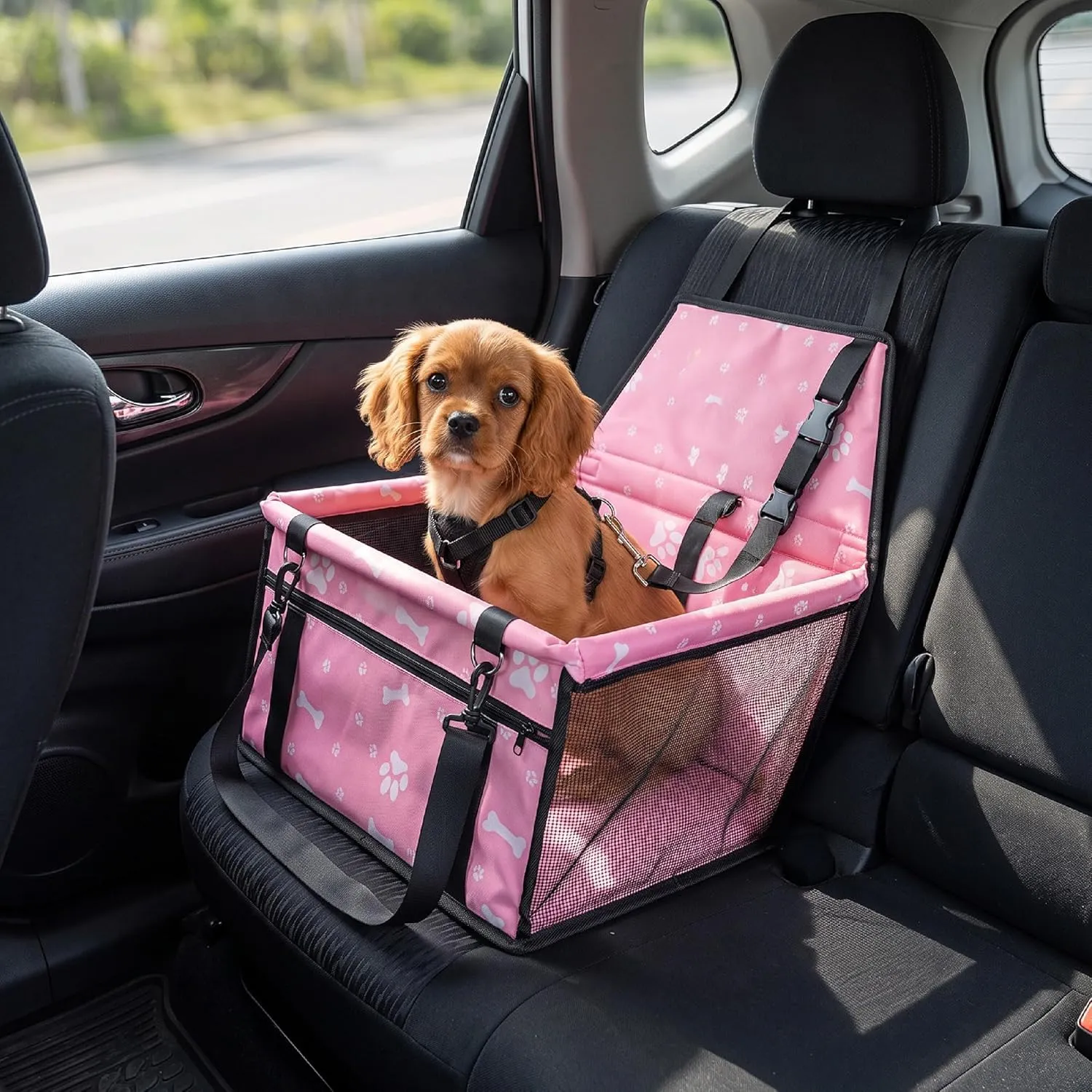 Baroni Home Seggiolino Auto per Cani e Gatti, Trasportino da Viaggio Pieghevole con Cinture Regolabili e Moschettone, Tasche Portaoggetti, Rete Traspirante, Tessuto Impermeabile, 40x32x42 cm, Rosa - immagine 2