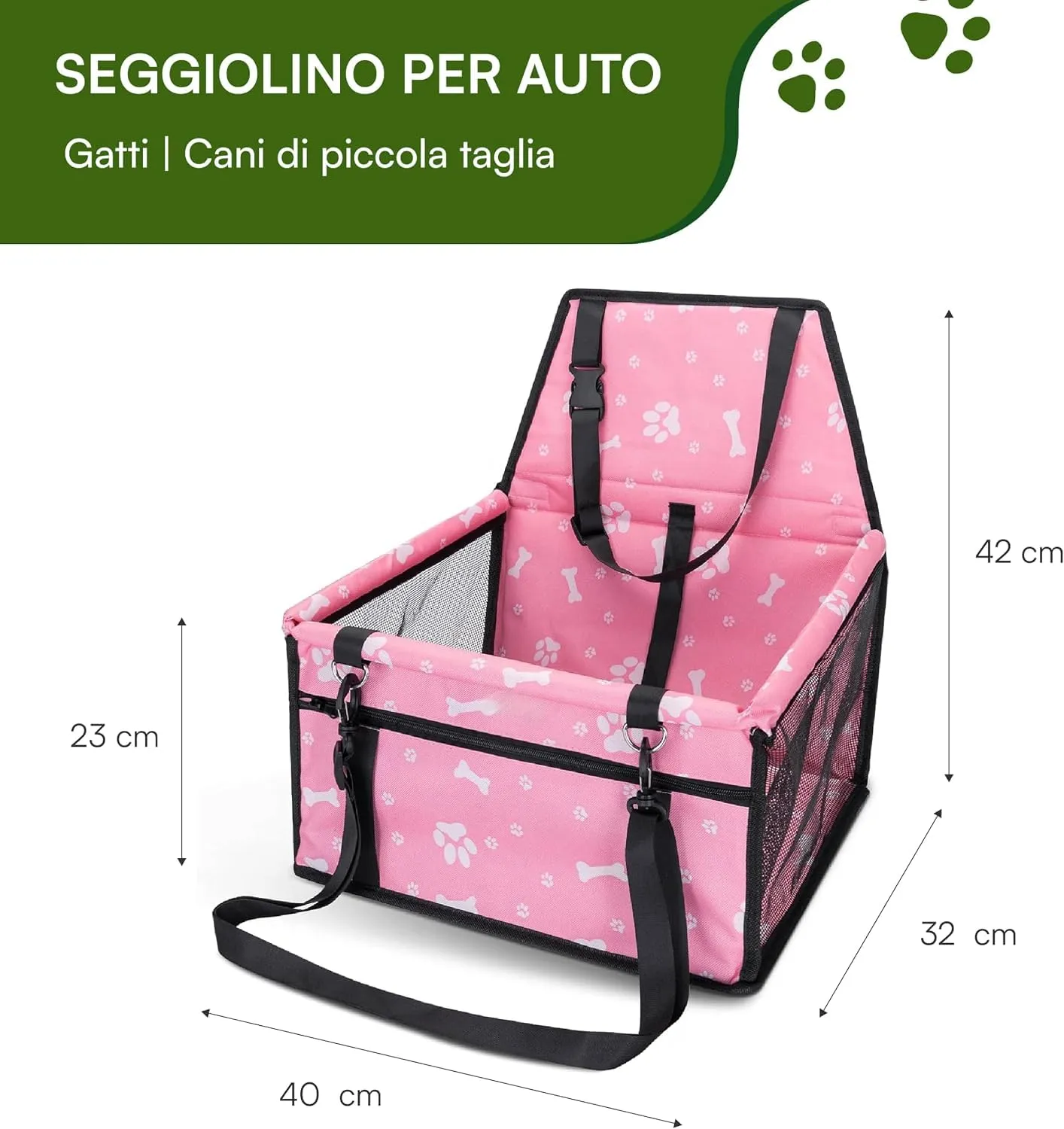 Baroni Home Seggiolino Auto per Cani e Gatti, Trasportino da Viaggio Pieghevole con Cinture Regolabili e Moschettone, Tasche Portaoggetti, Rete Traspirante, Tessuto Impermeabile, 40x32x42 cm, Rosa - immagine 3