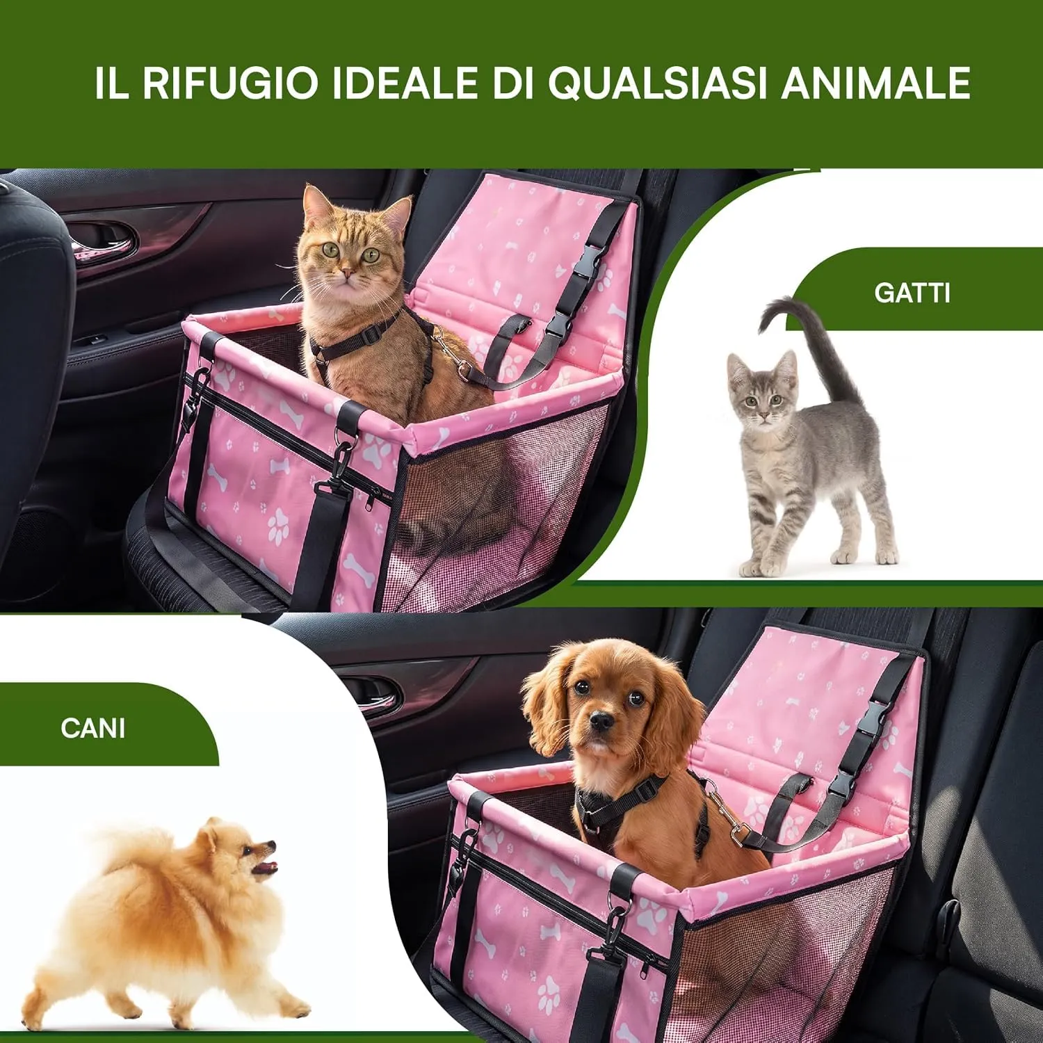 Baroni Home Seggiolino Auto per Cani e Gatti, Trasportino da Viaggio Pieghevole con Cinture Regolabili e Moschettone, Tasche Portaoggetti, Rete Traspirante, Tessuto Impermeabile, 40x32x42 cm, Rosa - immagine 4