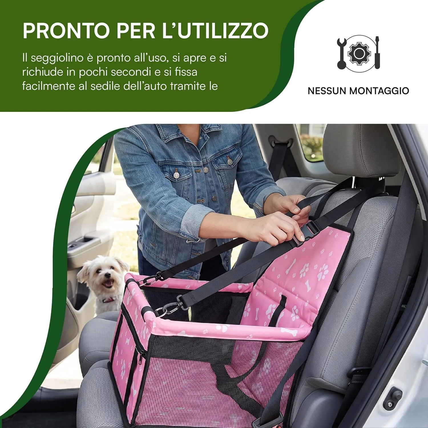 Baroni Home Seggiolino Auto per Cani e Gatti, Trasportino da Viaggio Pieghevole con Cinture Regolabili e Moschettone, Tasche Portaoggetti, Rete Traspirante, Tessuto Impermeabile, 40x32x42 cm, Rosa - immagine 5