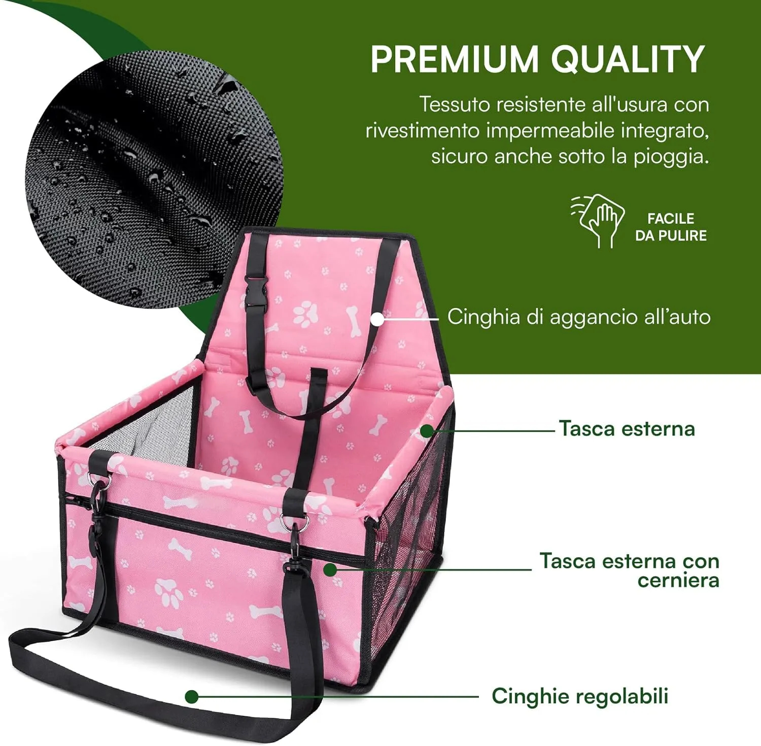 Baroni Home Seggiolino Auto per Cani e Gatti, Trasportino da Viaggio Pieghevole con Cinture Regolabili e Moschettone, Tasche Portaoggetti, Rete Traspirante, Tessuto Impermeabile, 40x32x42 cm, Rosa - immagine 6