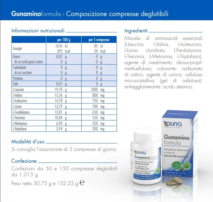 GUNA Gunamino formula 50 Compresse - Integratore Alimentare a Base di Aminoacidi Essenziali - immagine 4