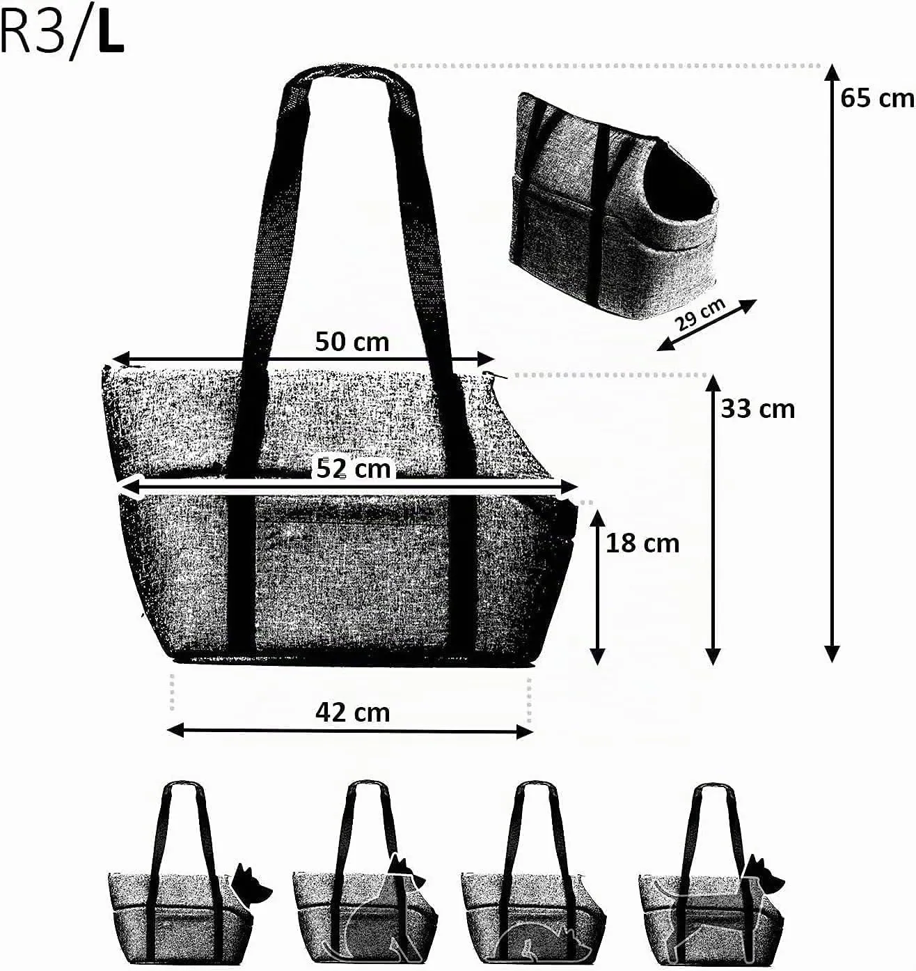 Borsa per il trasporto per cani e gatti | Borsa a tracolla per animali domestici con elastico con moschettone | fino a 15 kg | Materiale: poliestere | Taglia: L | Finto denim - immagine 2
