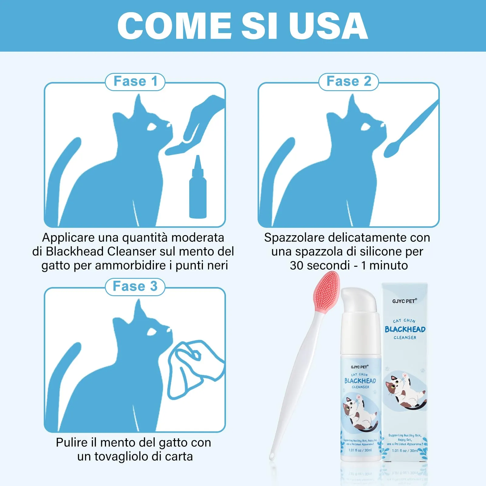 GJYC PET Kit per la Cura dell'Acne del Mento del Gatto - Lozione Detergente per l'Acne del Gatto 30ml con Spazzola per la Pulizia dell'Acne, Rimuove Delicatamente i Punti Neri Causati da Diete Non - immagine 7