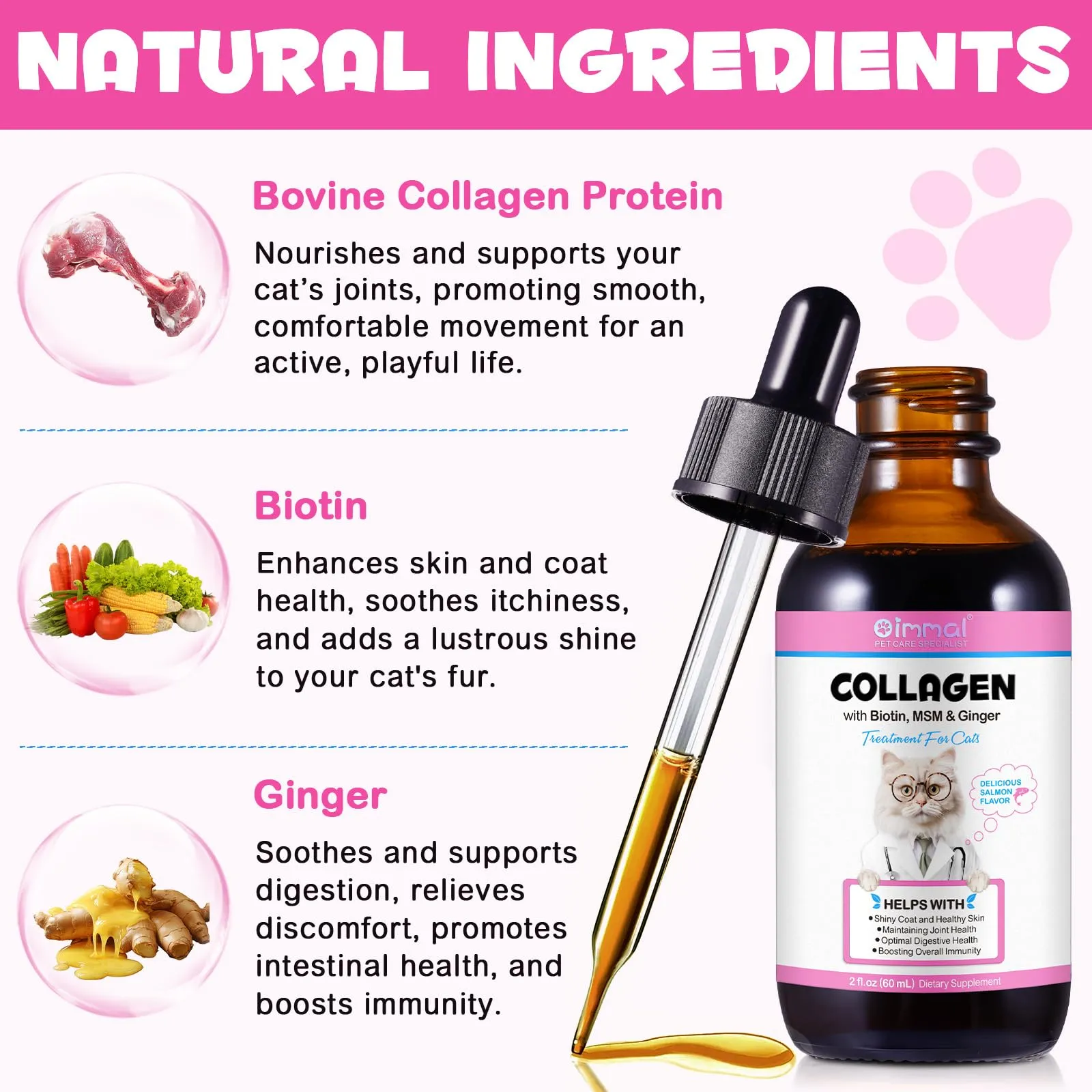 Collagene per gatti, integratore di collagene per pelle e pelliccia, sollievo dal prurito, gocce di collagene quotidiane, supporta le articolazioni e il sistema digestivo, 60 ml - immagine 2