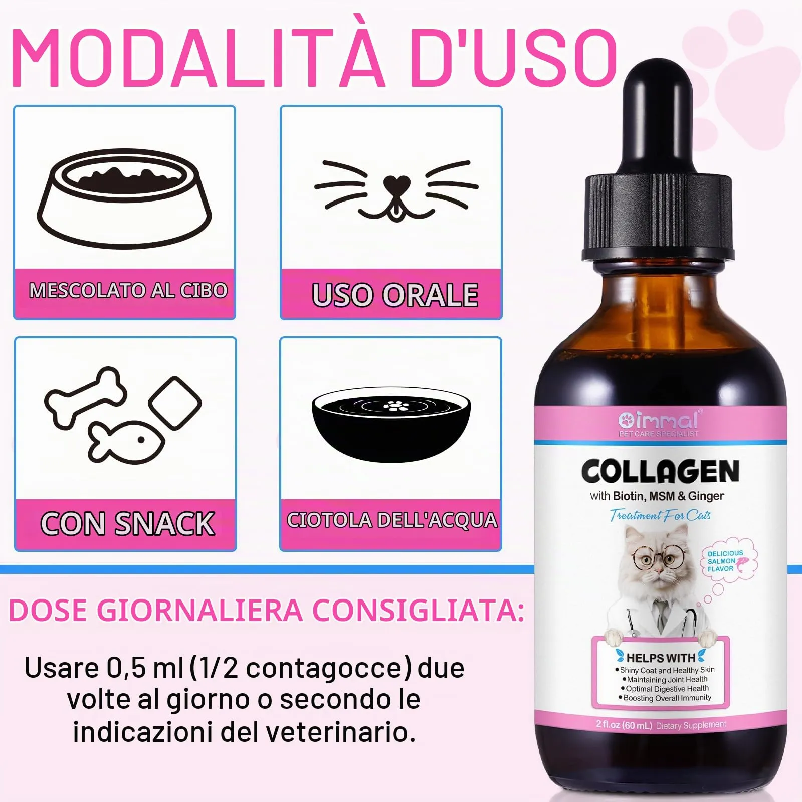 Collagene per gatti, integratore di collagene per pelle e pelliccia, sollievo dal prurito, gocce di collagene quotidiane, supporta le articolazioni e il sistema digestivo, 60 ml - immagine 6