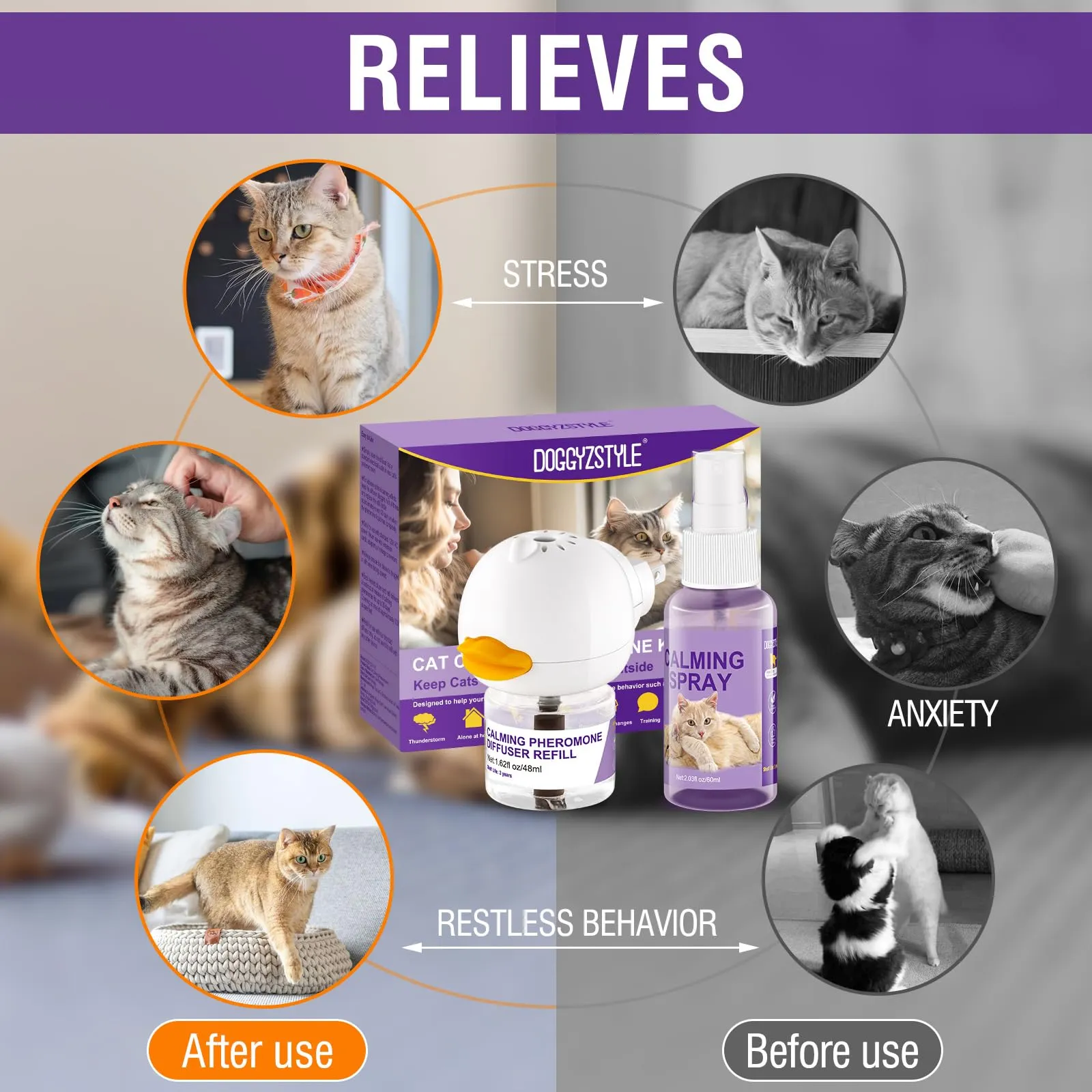 DOGGYZSTYLE Cat Calming Pheromone Diffuser And Spray,Set di diffusori per Gatti con feromoni per Gatti,Spray calmante per Gatti,allevia Lo Stress da ansia - immagine 6