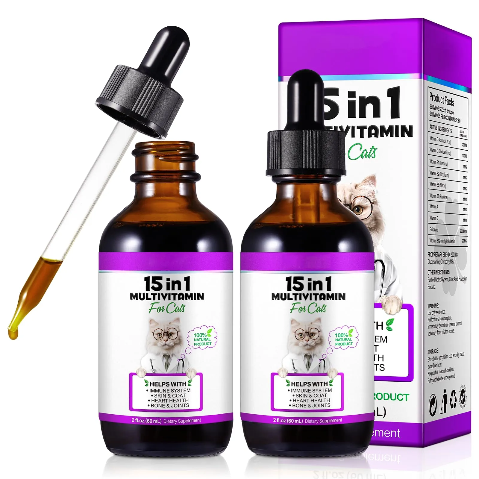 Gocce multivitaminiche 15 in 1 per gatti 2x60ml, vitamine e integratori per gatti con glucosamina e mirtillo rosso - Supporta la salute del sistema immunitario, della pelle, del pelo e del cuore - immagine 1
