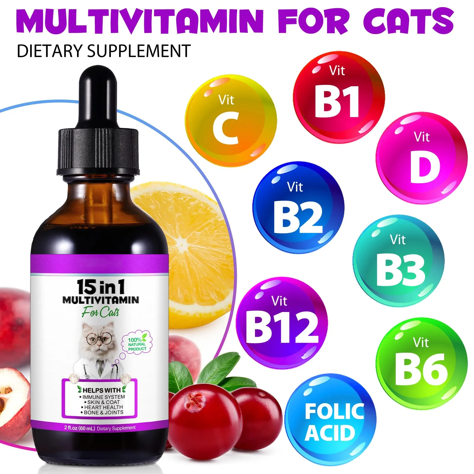 Gocce multivitaminiche 15 in 1 per gatti 2x60ml, vitamine e integratori per gatti con glucosamina e mirtillo rosso - Supporta la salute del sistema immunitario, della pelle, del pelo e del cuore - immagine 3