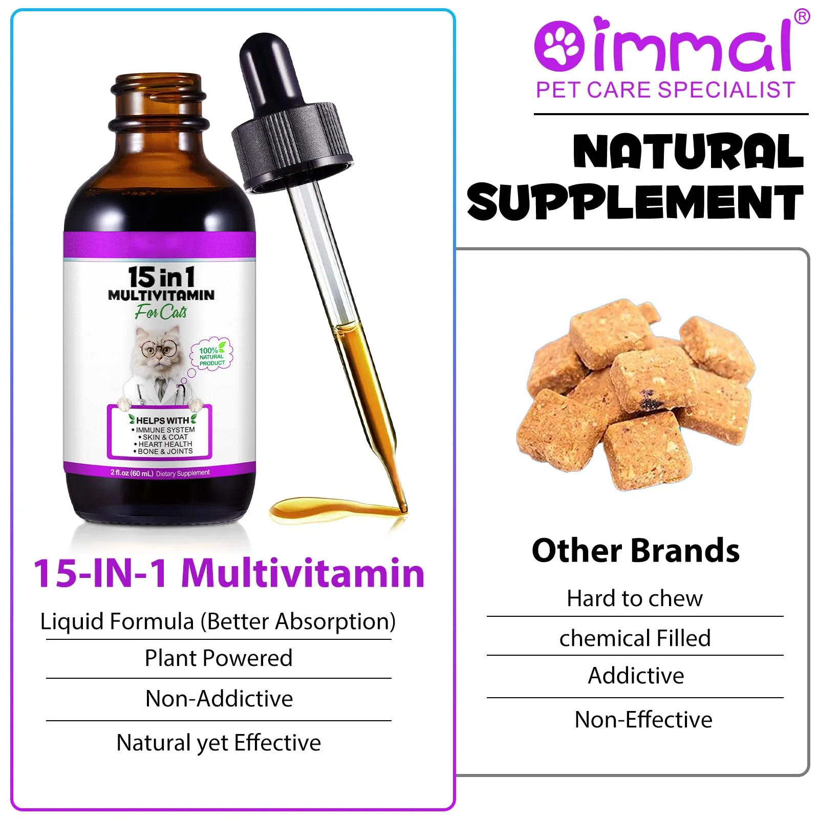 Gocce multivitaminiche 15 in 1 per gatti 2x60ml, vitamine e integratori per gatti con glucosamina e mirtillo rosso - Supporta la salute del sistema immunitario, della pelle, del pelo e del cuore - immagine 5