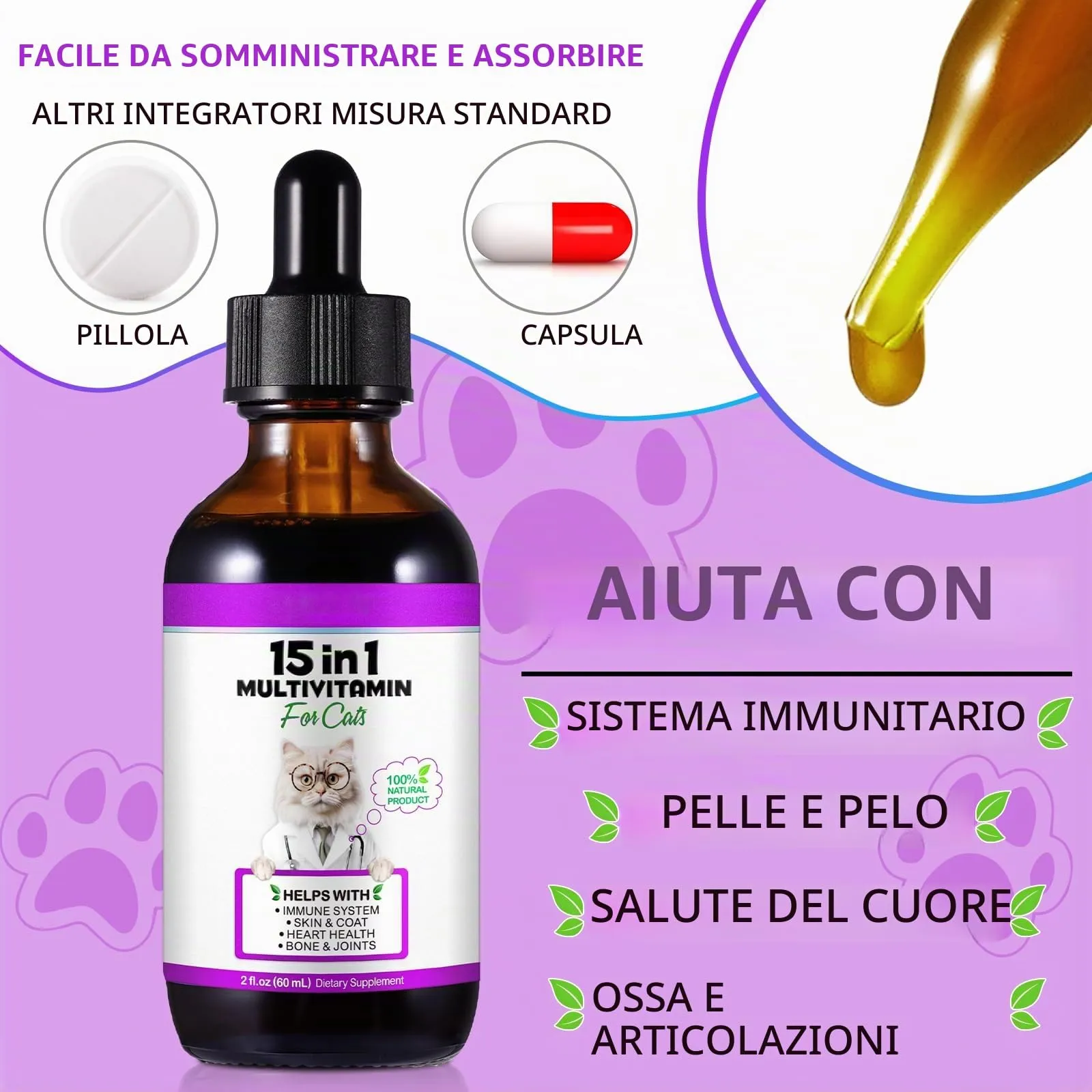 Gocce multivitaminiche 15 in 1 per gatti 2x60ml, vitamine e integratori per gatti con glucosamina e mirtillo rosso - Supporta la salute del sistema immunitario, della pelle, del pelo e del cuore - immagine 9