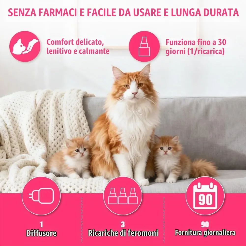 OSDUE Diffusore Feromoni per Gatti 4 in 1,3*30 Giorni Diffusore di Feromoni Calmanti per Gatti,con 1 Diffusores +3 Ricariche 48ml,Aiuta a risolvere i segni comuni di stress nei gattis,per Casa,Viaggi - immagine 2