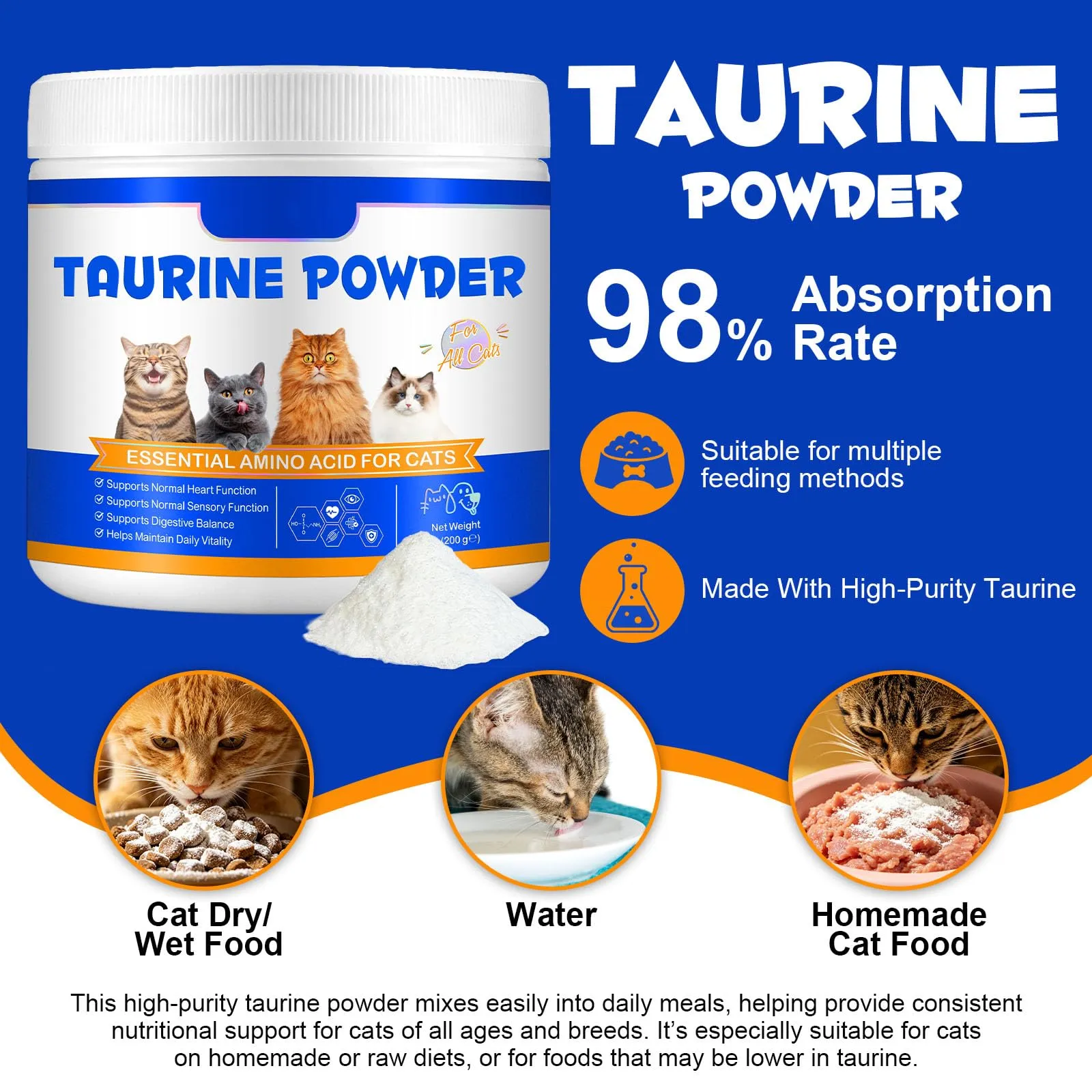 Taurin Gatto | Integratore alimentare ad alta purezza (99%) per cuore e vista | Taurina in polvere per gatti per gatti, adulti e anziani – Ideale per cibo da barba, umido e secco – tutte le fasi della - immagine 2