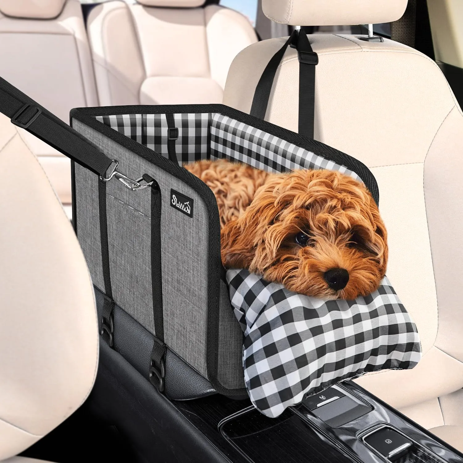 SlowTon Seggiolino Auto per Cani Console, Seggiolino Rialzato per Animali con Cintura di Sicurezza e Cuscini Morbidi, Consolle Centrale Anti-Crollo con Supporto Staccabile, Trasportini Portatili - immagine 1