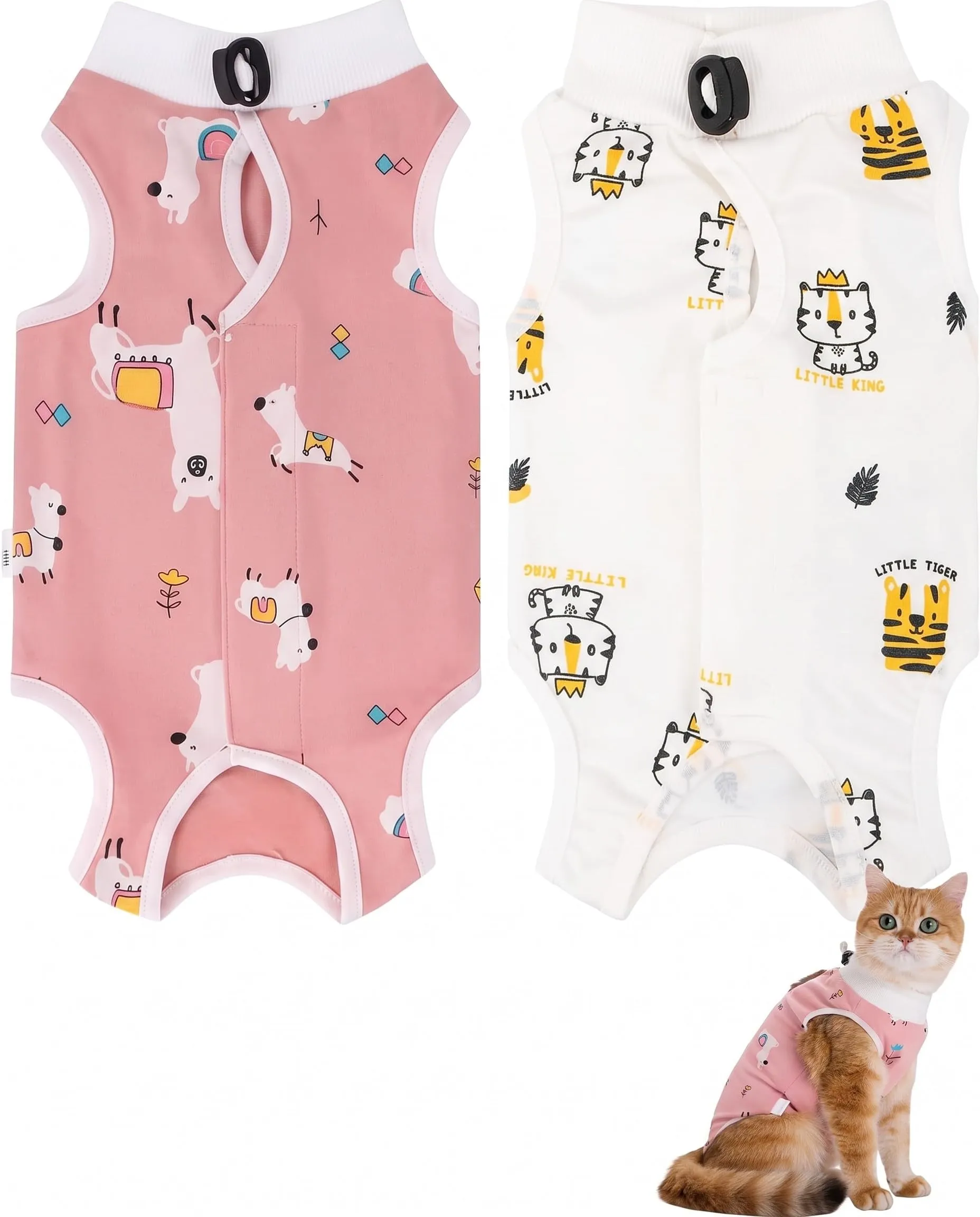 JIRVEX Set di 2 Body Gatto Post Operatorio M 3-5 kg Cotone Morbido Vestiti per Gatti Protezione Ferite Addominali Motivi Lama Rosa e Tigre Bianca - immagine 1
