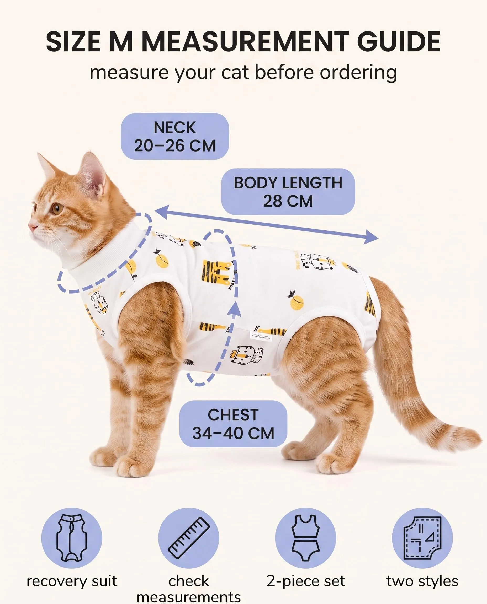 JIRVEX Set di 2 Body Gatto Post Operatorio M 3-5 kg Cotone Morbido Vestiti per Gatti Protezione Ferite Addominali Motivi Lama Rosa e Tigre Bianca - immagine 2