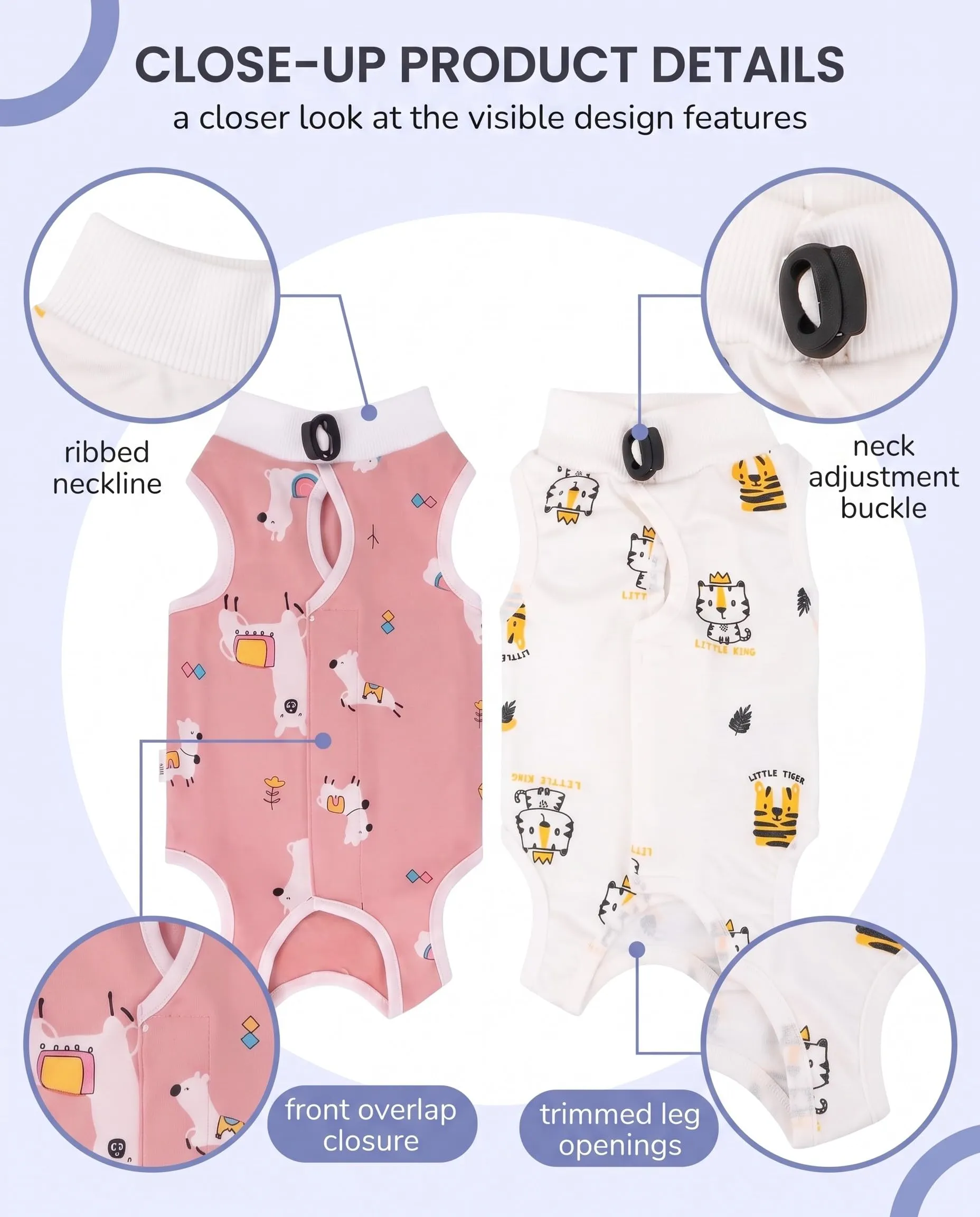JIRVEX Set di 2 Body Gatto Post Operatorio M 3-5 kg Cotone Morbido Vestiti per Gatti Protezione Ferite Addominali Motivi Lama Rosa e Tigre Bianca - immagine 3