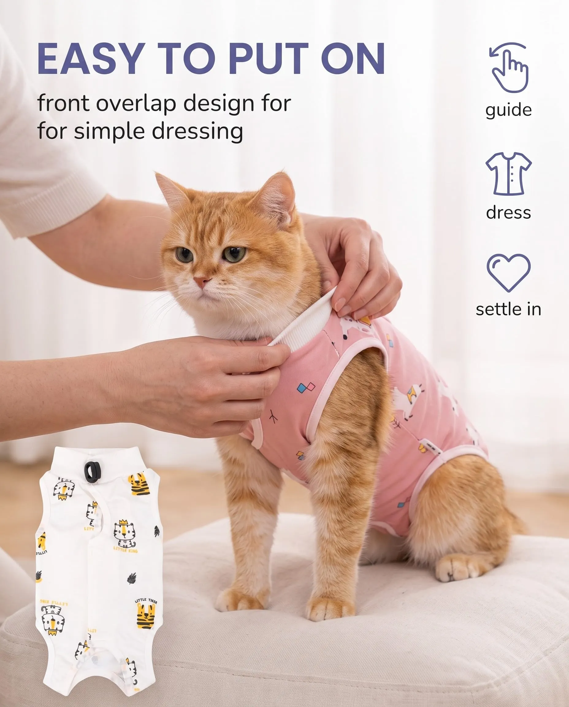 JIRVEX Set di 2 Body Gatto Post Operatorio M 3-5 kg Cotone Morbido Vestiti per Gatti Protezione Ferite Addominali Motivi Lama Rosa e Tigre Bianca - immagine 4