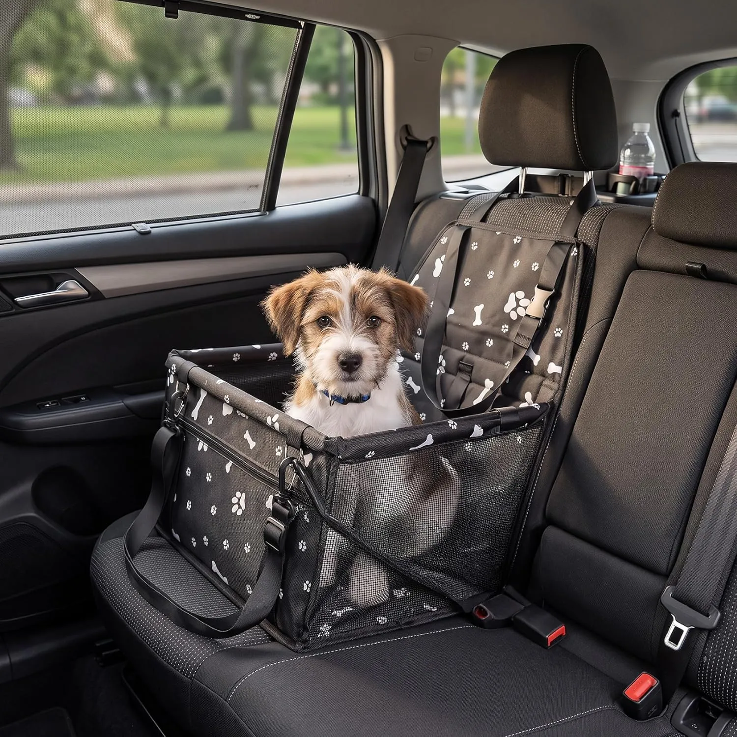 Baroni Home Seggiolino Auto per Cani e Gatti, Trasportino da Viaggio Pieghevole con Cinture Regolabili e Moschettone, Tasca Portaoggetti, Rete Traspirante, Tessuto Impermeabile, 40x32x42 cm, Nero - immagine 2