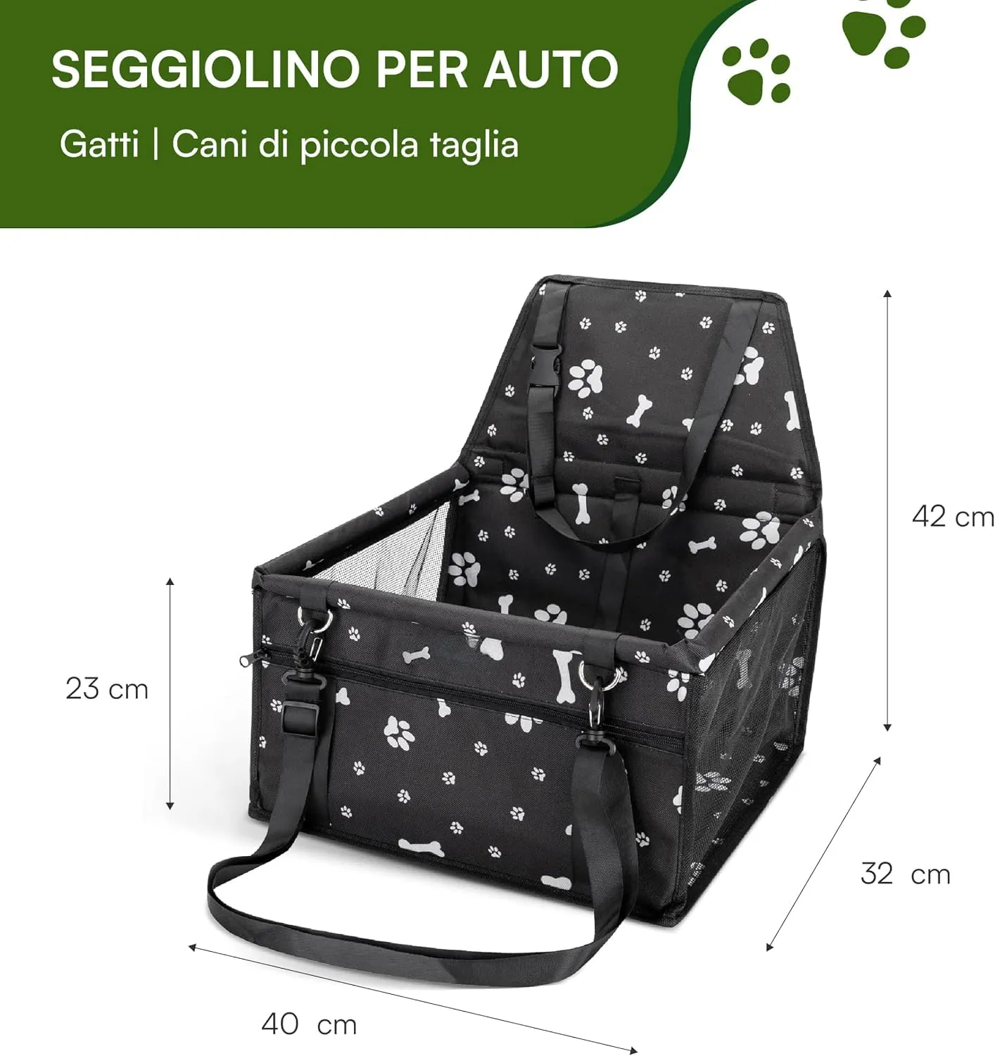 Baroni Home Seggiolino Auto per Cani e Gatti, Trasportino da Viaggio Pieghevole con Cinture Regolabili e Moschettone, Tasca Portaoggetti, Rete Traspirante, Tessuto Impermeabile, 40x32x42 cm, Nero - immagine 3