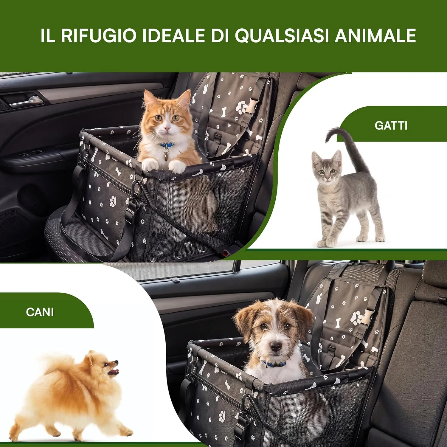 Baroni Home Seggiolino Auto per Cani e Gatti, Trasportino da Viaggio Pieghevole con Cinture Regolabili e Moschettone, Tasca Portaoggetti, Rete Traspirante, Tessuto Impermeabile, 40x32x42 cm, Nero - immagine 4