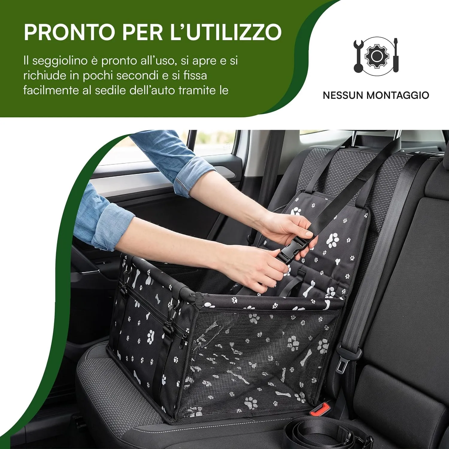 Baroni Home Seggiolino Auto per Cani e Gatti, Trasportino da Viaggio Pieghevole con Cinture Regolabili e Moschettone, Tasca Portaoggetti, Rete Traspirante, Tessuto Impermeabile, 40x32x42 cm, Nero - immagine 5