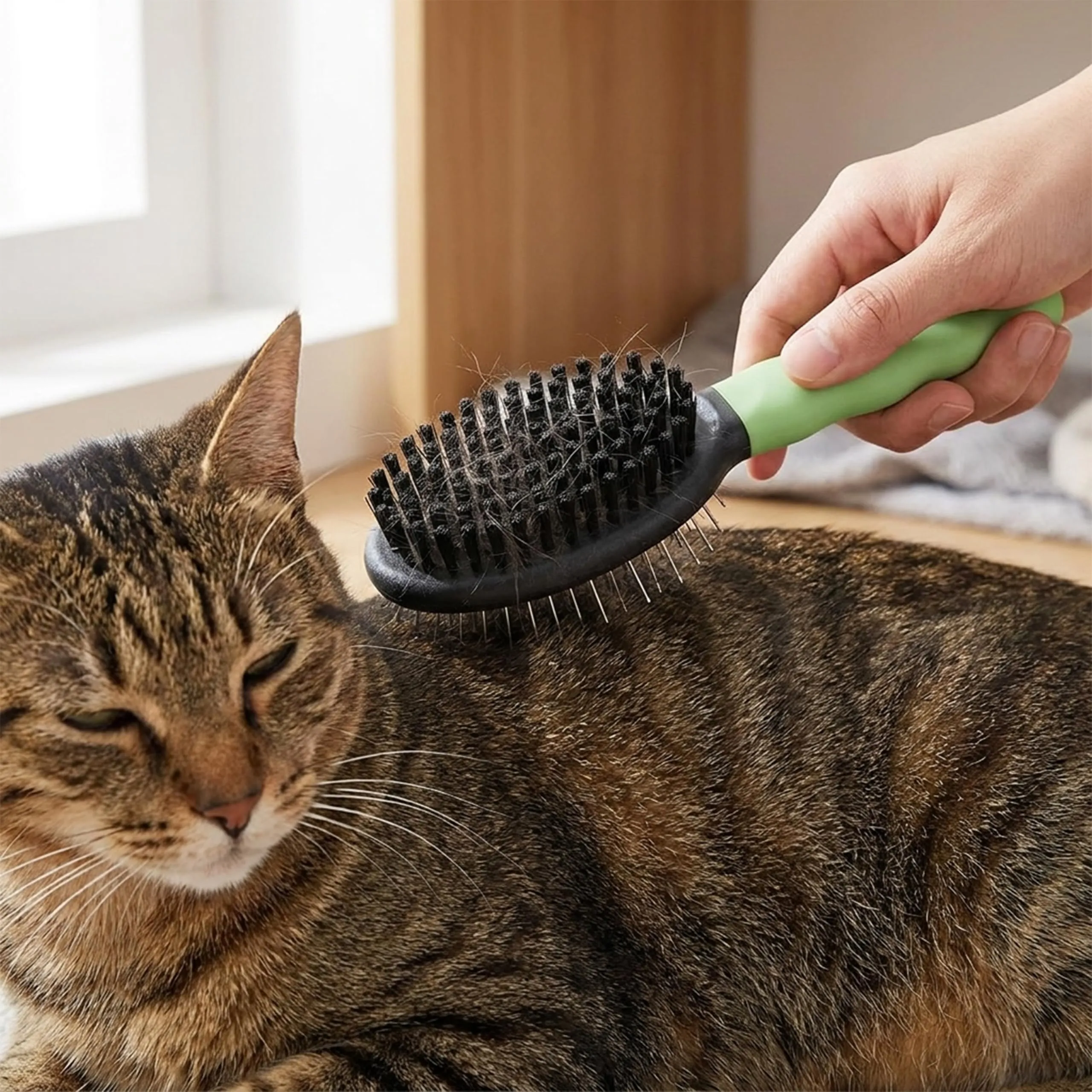 Ferplast Spazzola Doppia per Gatti - Pelo Corto, Medio e Lungo - Setole Morbide - Cardatore con Testine Arrotondate, Acciaio Inox - Impugnatura Ergonomica Morbida - Misura S, Verde - immagine 2