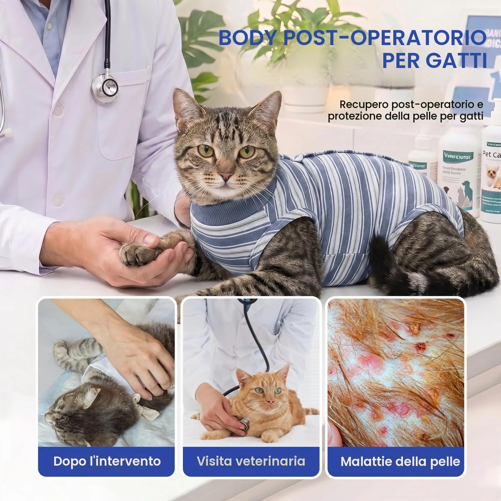 CITÉTOILE Body Gatto Postoperatorio Tuta di Recupero Antilamido Blu S - immagine 6