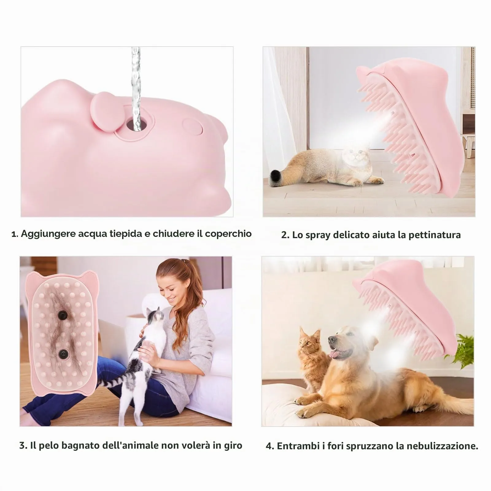 Chinoket Spazzola a Vapore 3 in 1 per Cani e Gatti - Pettine per Toelettatura e Rimozione dei Peli Con 2 Spruzzi (Rosa) - immagine 6