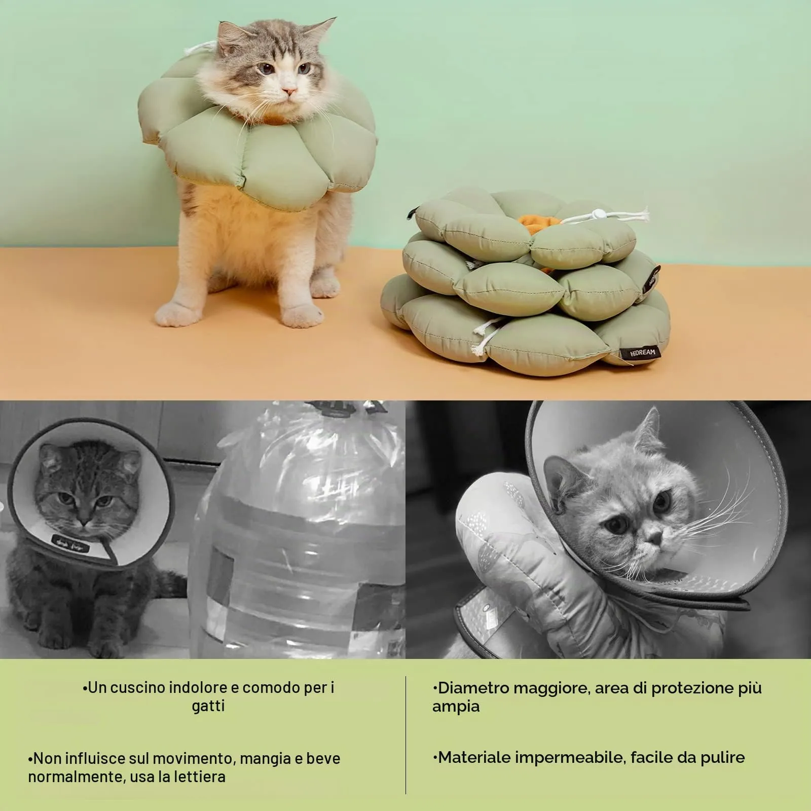 Collare Elisabettiano GattoCollare,Morbido per Gatti,Collare Recupero Regolabile Impermeabile, Stile Fiore verde Tutte le Stagioni (Taglia M) - immagine 6
