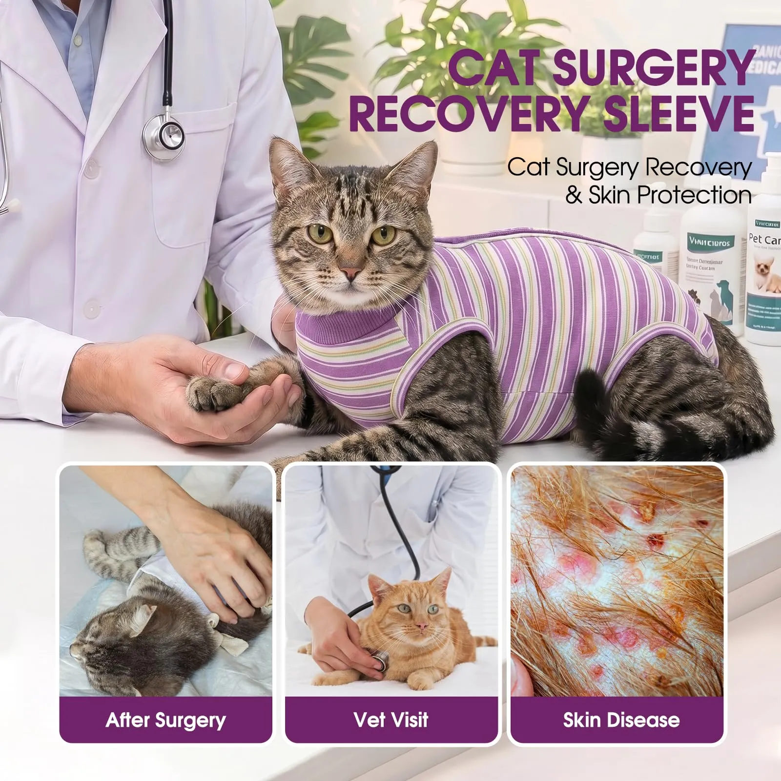 CITÉTOILE Body Gatto Postoperatorio Tuta di Recupero Antilamido Viola M - immagine 6