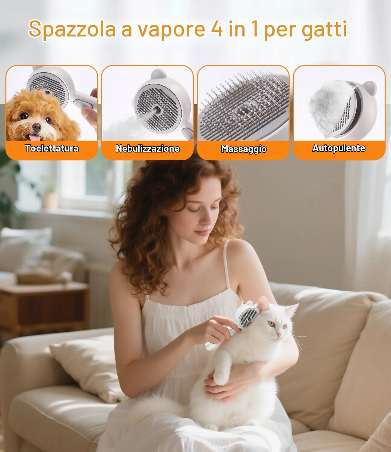 Zaxiva Spazzola a Vapore per Gatti Cani con Pulsante di Rilascio, 4 in 1 Autopulente Ricaricabile Spazzola a Vapore per Pelo Lungo e Corti Gatti, Cani, Conigli (Bianco) - immagine 2
