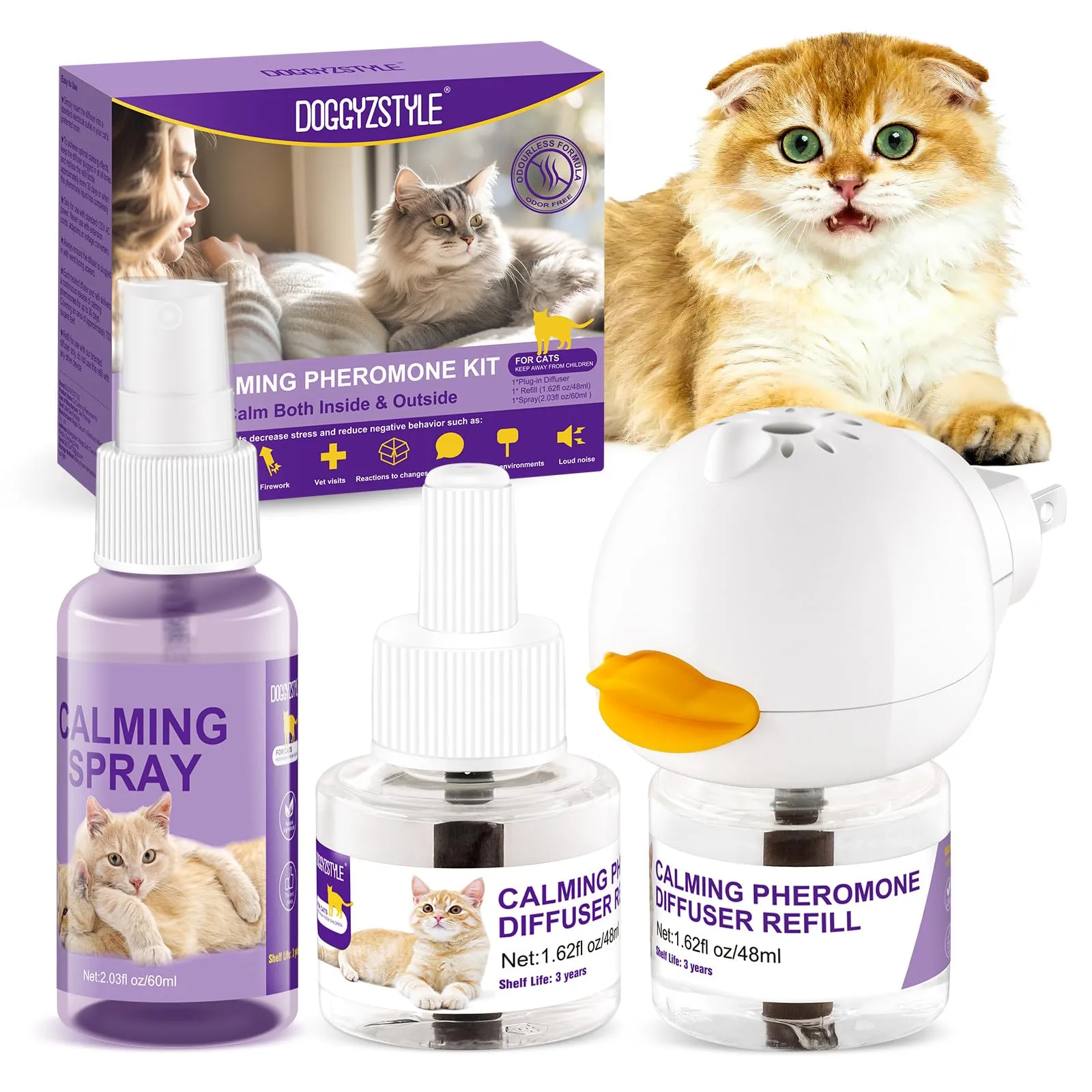 DOGGYZSTYLE Cat Calming Pheromone Diffuser And Spray,Set di diffusori per Gatti con feromoni per Gatti,Spray calmante per Gatti,allevia Lo Stress da ansia (2 Ricarica+1 Spray) - immagine 1