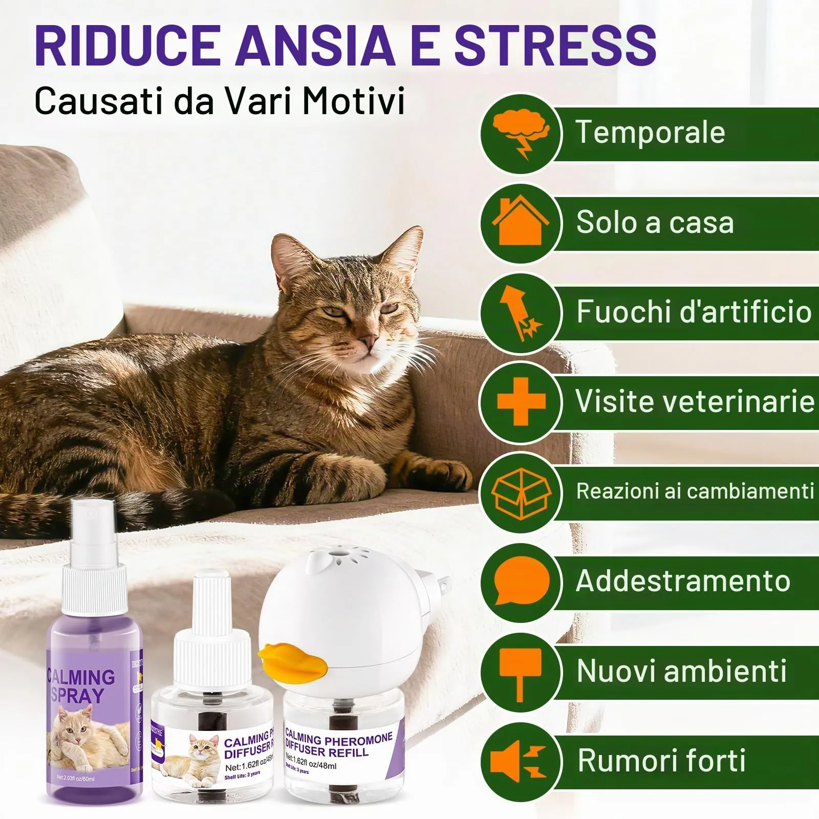 DOGGYZSTYLE Cat Calming Pheromone Diffuser And Spray,Set di diffusori per Gatti con feromoni per Gatti,Spray calmante per Gatti,allevia Lo Stress da ansia (2 Ricarica+1 Spray) - immagine 3