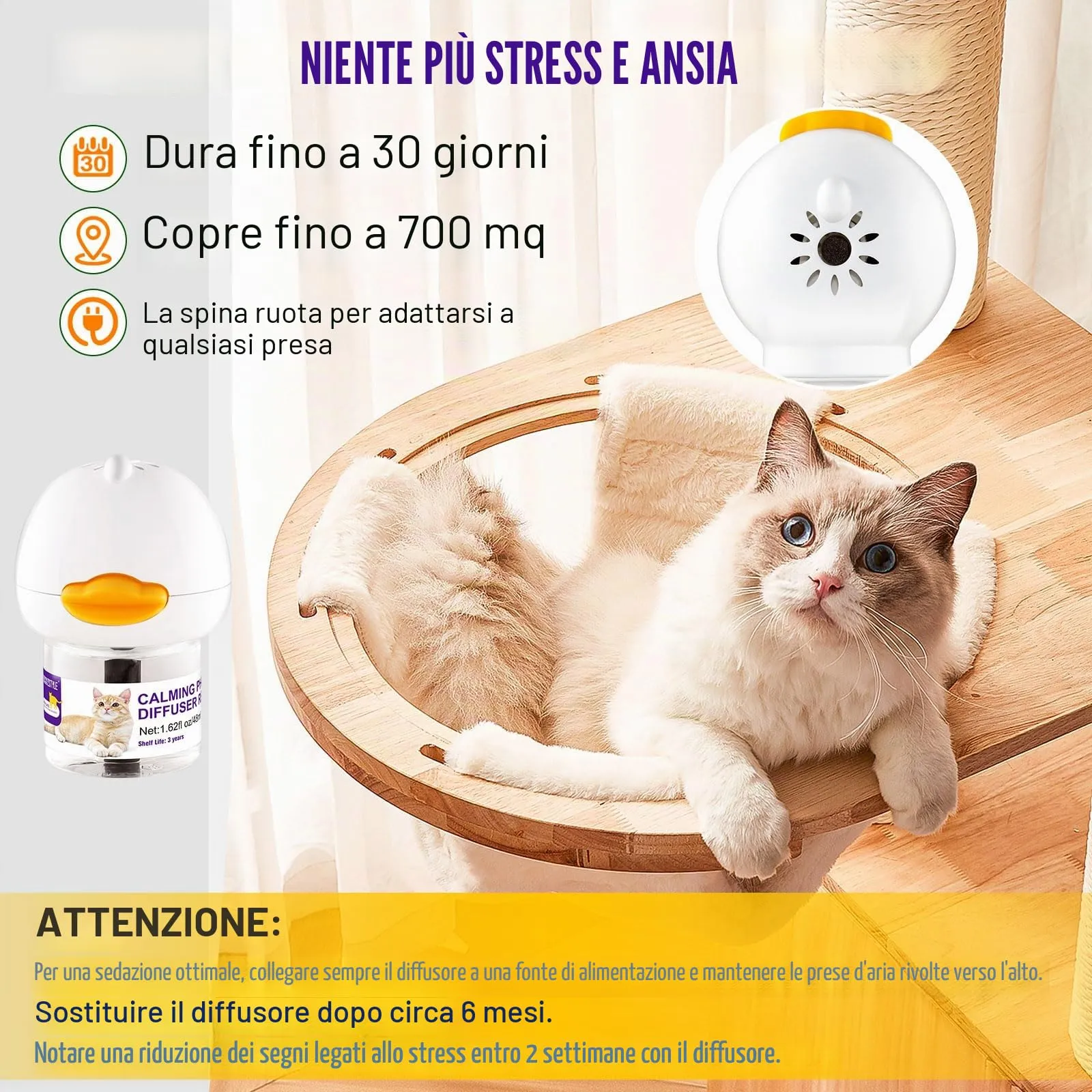 DOGGYZSTYLE Cat Calming Pheromone Diffuser And Spray,Set di diffusori per Gatti con feromoni per Gatti,Spray calmante per Gatti,allevia Lo Stress da ansia (2 Ricarica+1 Spray) - immagine 4