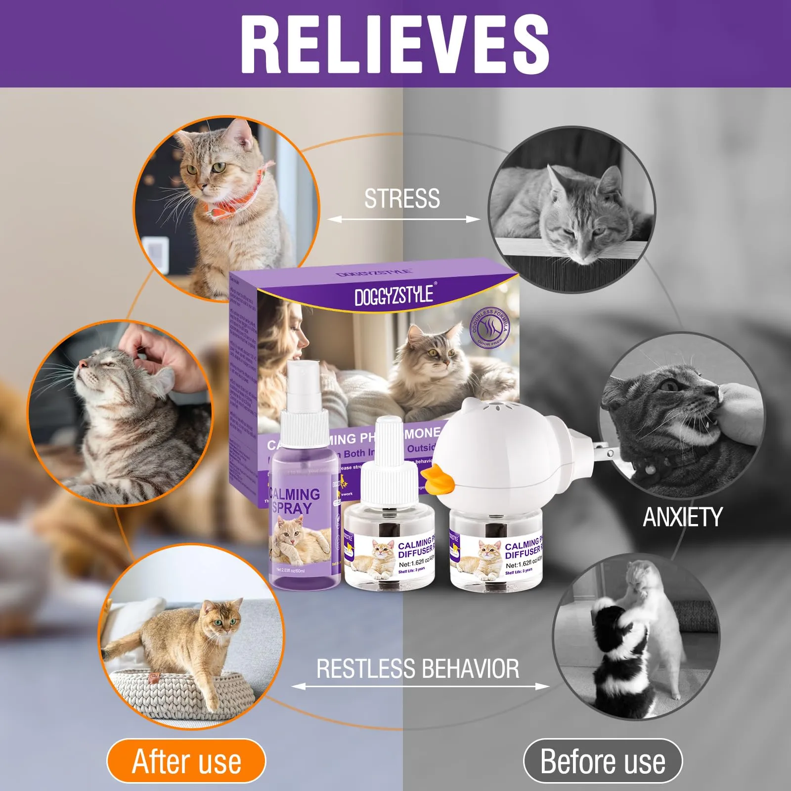 DOGGYZSTYLE Cat Calming Pheromone Diffuser And Spray,Set di diffusori per Gatti con feromoni per Gatti,Spray calmante per Gatti,allevia Lo Stress da ansia (2 Ricarica+1 Spray) - immagine 6