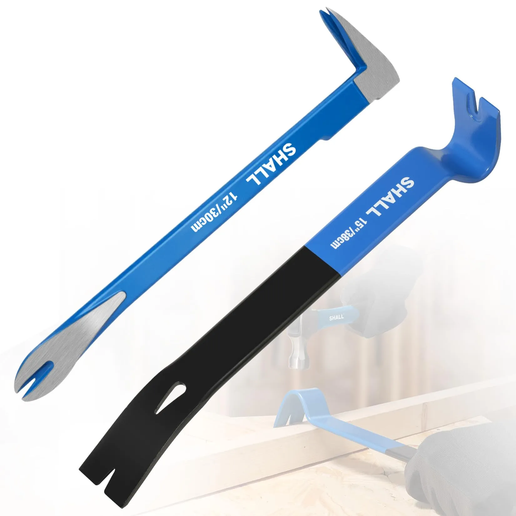 SHALL Set di 2 leve di leva, barra di leva piatta da 38 cm e estrattore per unghie a forma di zampa di gatto da 30,5 cm, barra di porco resistente, barra di artiglio, barra di meraviglia per - immagine 1