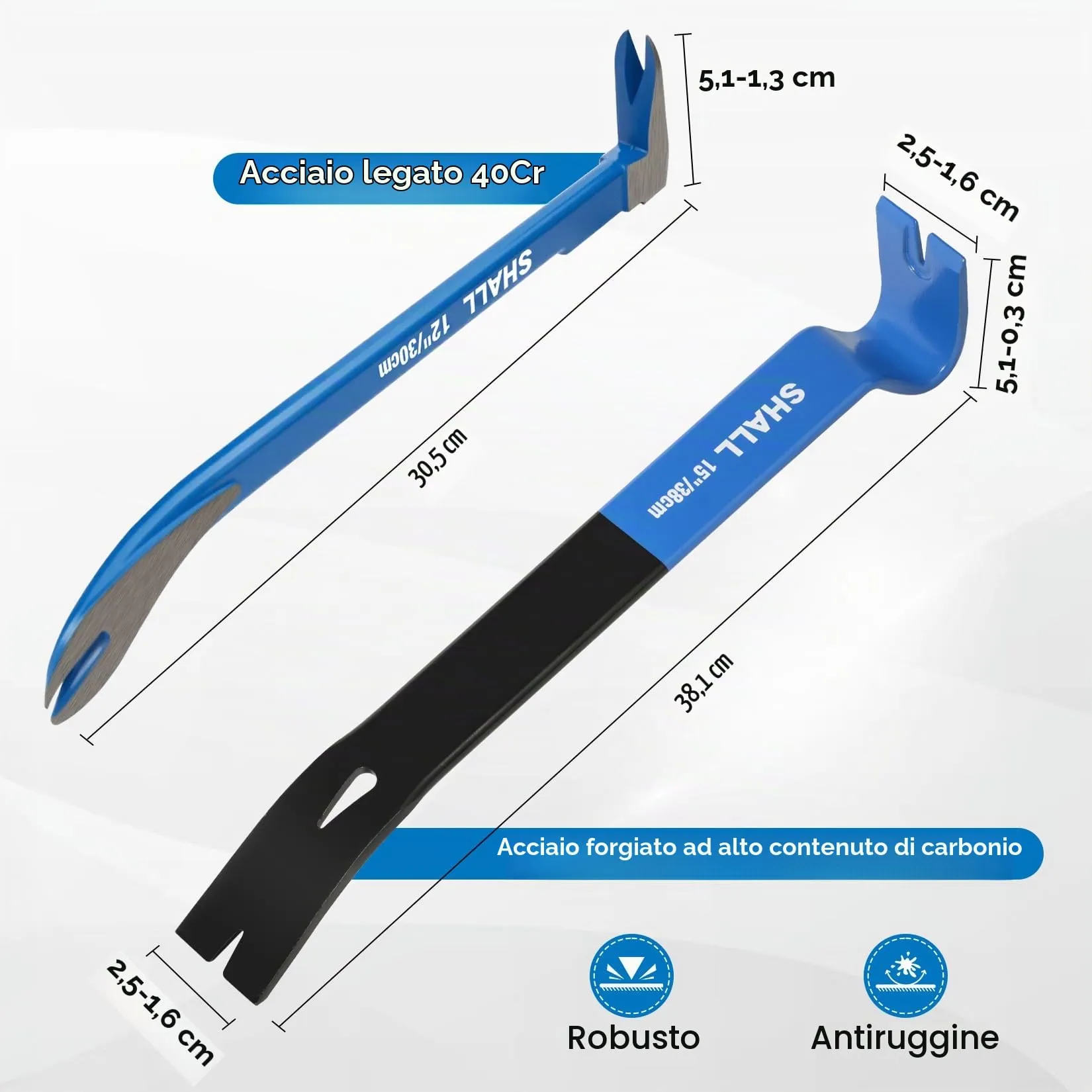 SHALL Set di 2 leve di leva, barra di leva piatta da 38 cm e estrattore per unghie a forma di zampa di gatto da 30,5 cm, barra di porco resistente, barra di artiglio, barra di meraviglia per - immagine 2