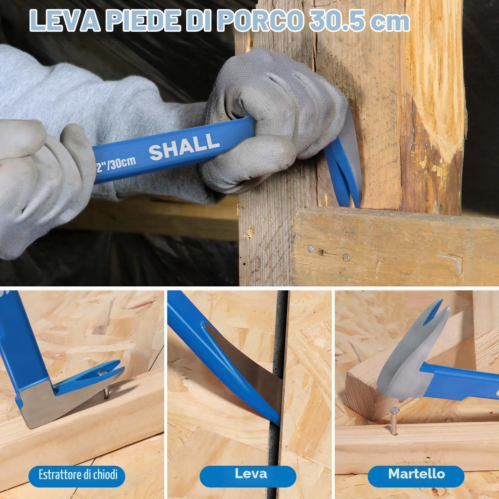 SHALL Set di 2 leve di leva, barra di leva piatta da 38 cm e estrattore per unghie a forma di zampa di gatto da 30,5 cm, barra di porco resistente, barra di artiglio, barra di meraviglia per - immagine 5