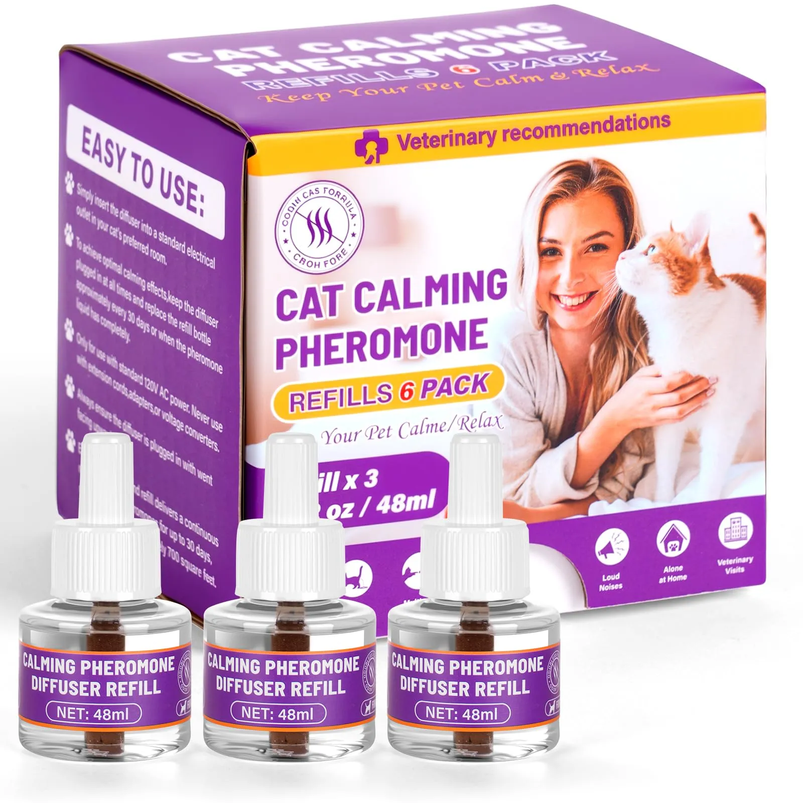 OSDUE 3x30 Giorni Ricarica calmante per diffusore di feromoni,3*48 ml,Aiuta a risolvere i segni comuni di stress nei gattis e a ridurre i conflitti nelle case con più gatti,per Casa,Viaggi e attività - immagine 1