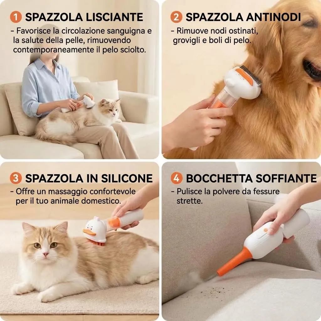 4 in 1 Spazzola Aspirante per Cani e Gatti – Autopulente e Ricaricabile – Pettine per Animali con 4 Testine Intercambiabili – Ideale per la Toelettatura - immagine 7