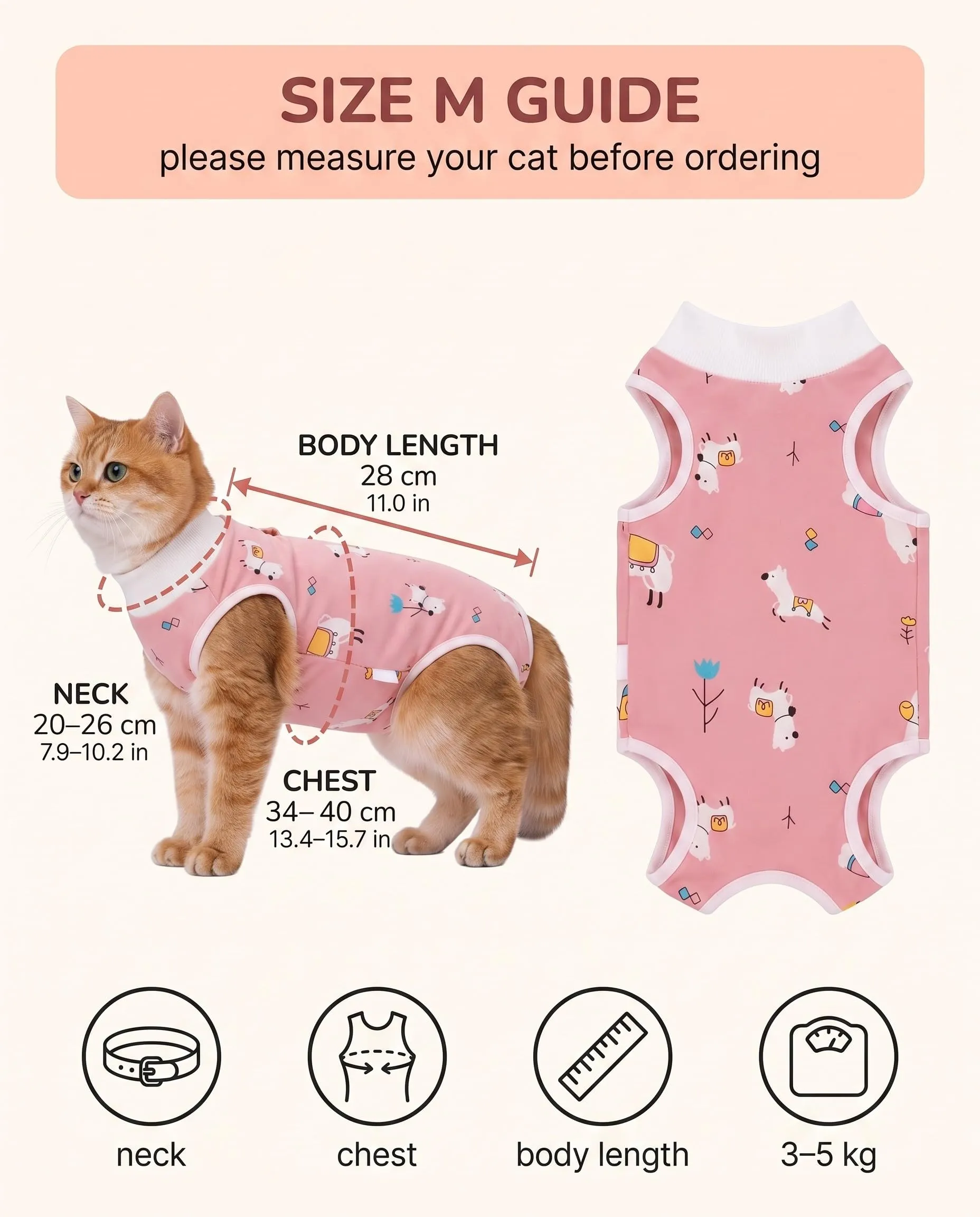 JIRVEX Body Gatto Post Operatorio M 3‑5 kg Rosa Lama Cotone Morbido Body per Gatti Dopo Sterilizzazione Protezione Ferite Addominali Anti Leccamento Femmina e Maschio - immagine 2