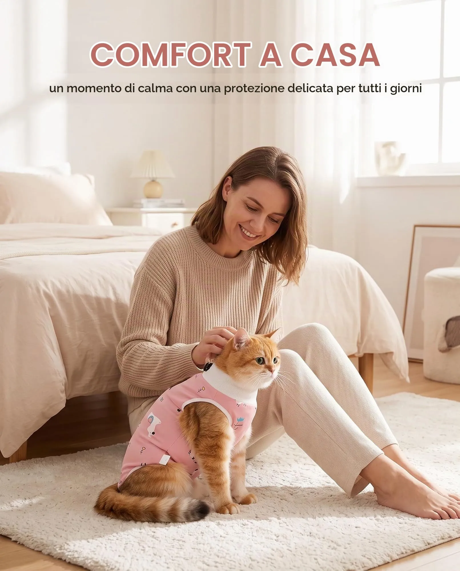 JIRVEX Body Gatto Post Operatorio M 3‑5 kg Rosa Lama Cotone Morbido Body per Gatti Dopo Sterilizzazione Protezione Ferite Addominali Anti Leccamento Femmina e Maschio - immagine 5